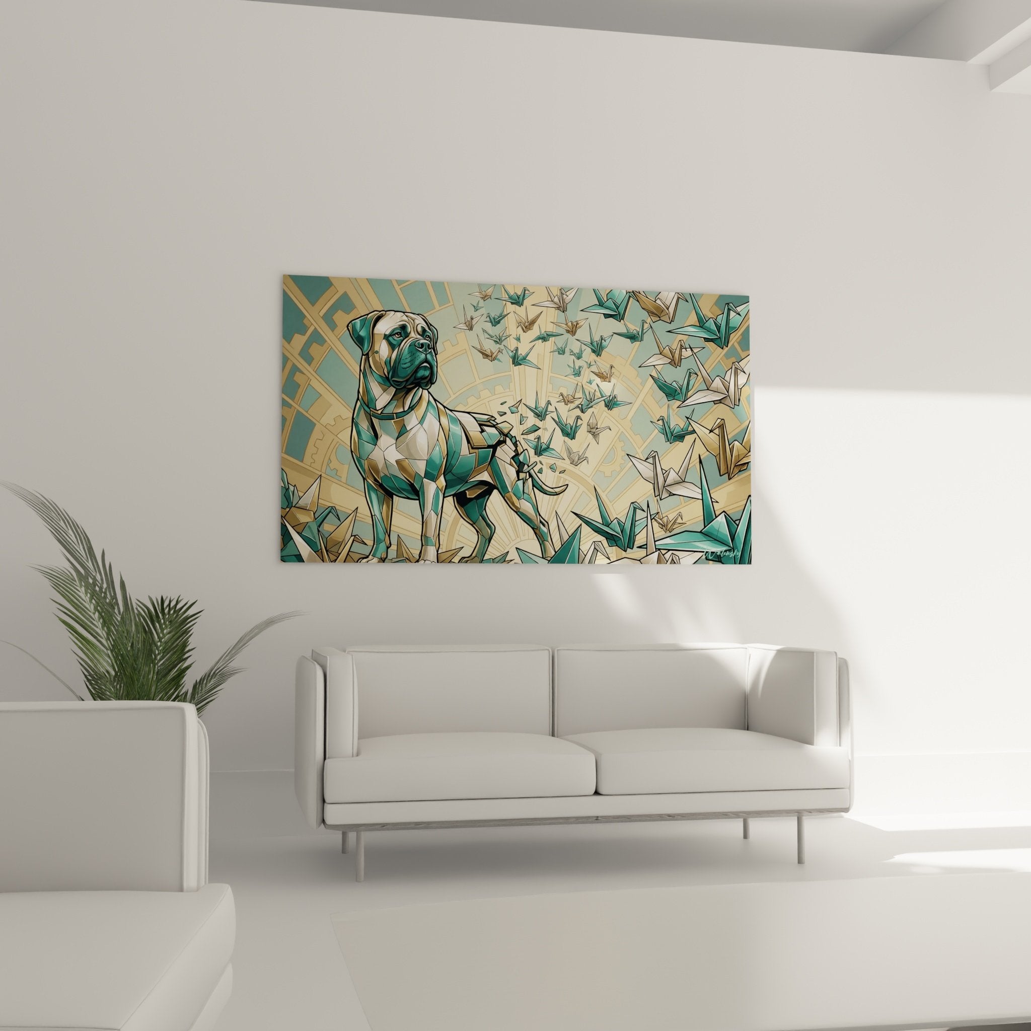 Détail portrait Bullmastiff facettes géométriques couleurs turquoise beige grues papier