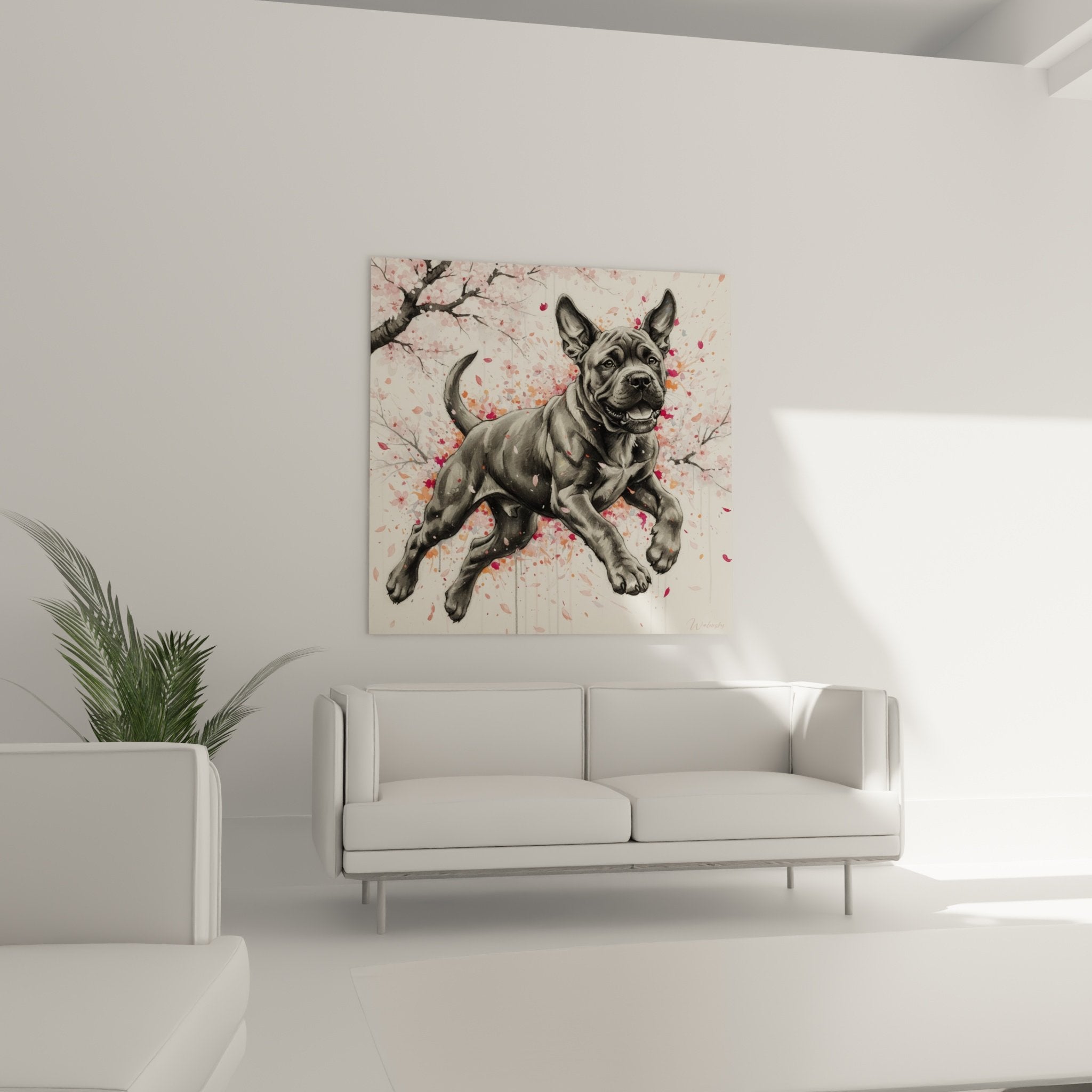 détail tableau bullmastiff pelage gris pétales roses branches cerisier technique réaliste peinture