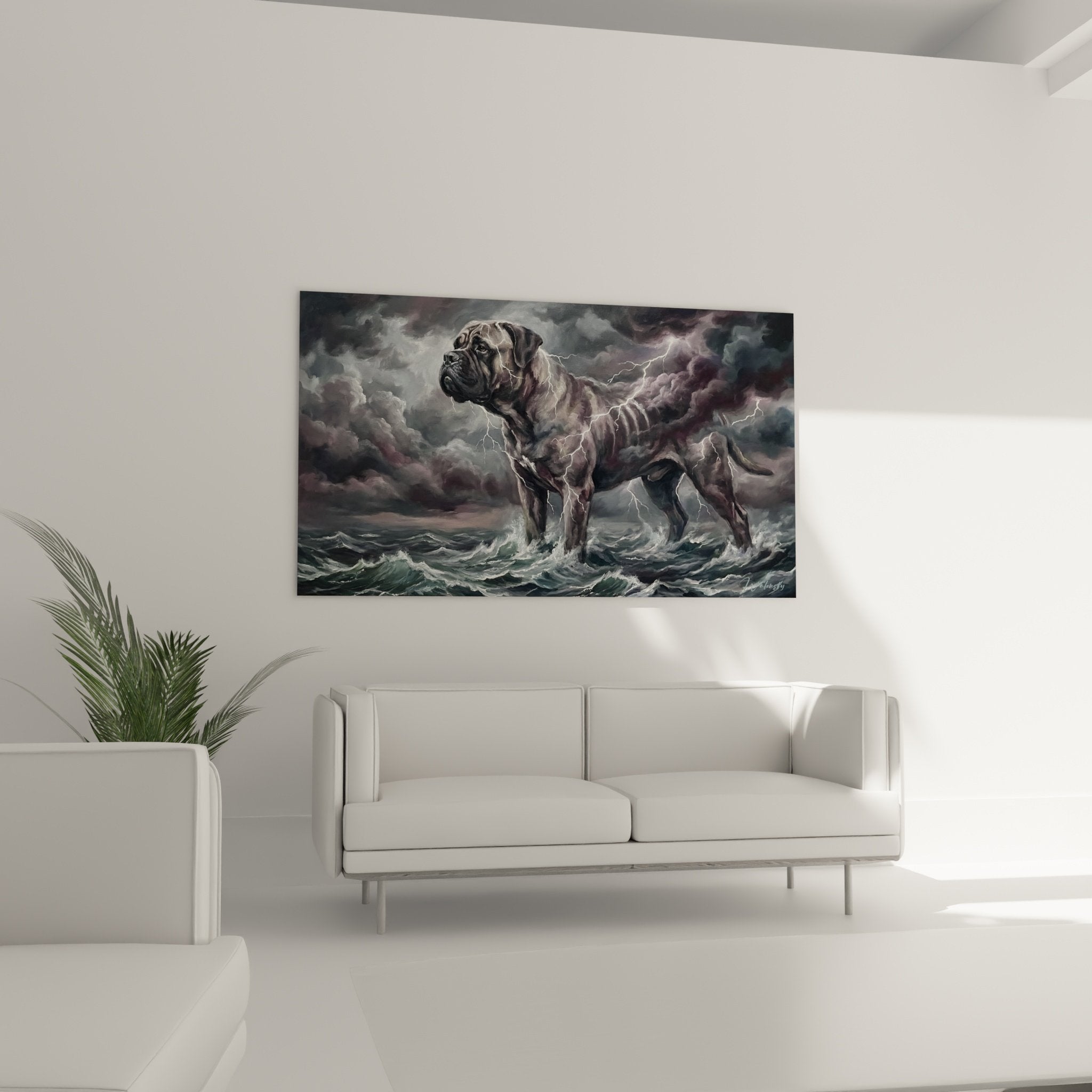 Détail rapproché tableau Bullmastiff orage pelage argenté éclairs blancs nuages violacés art réaliste