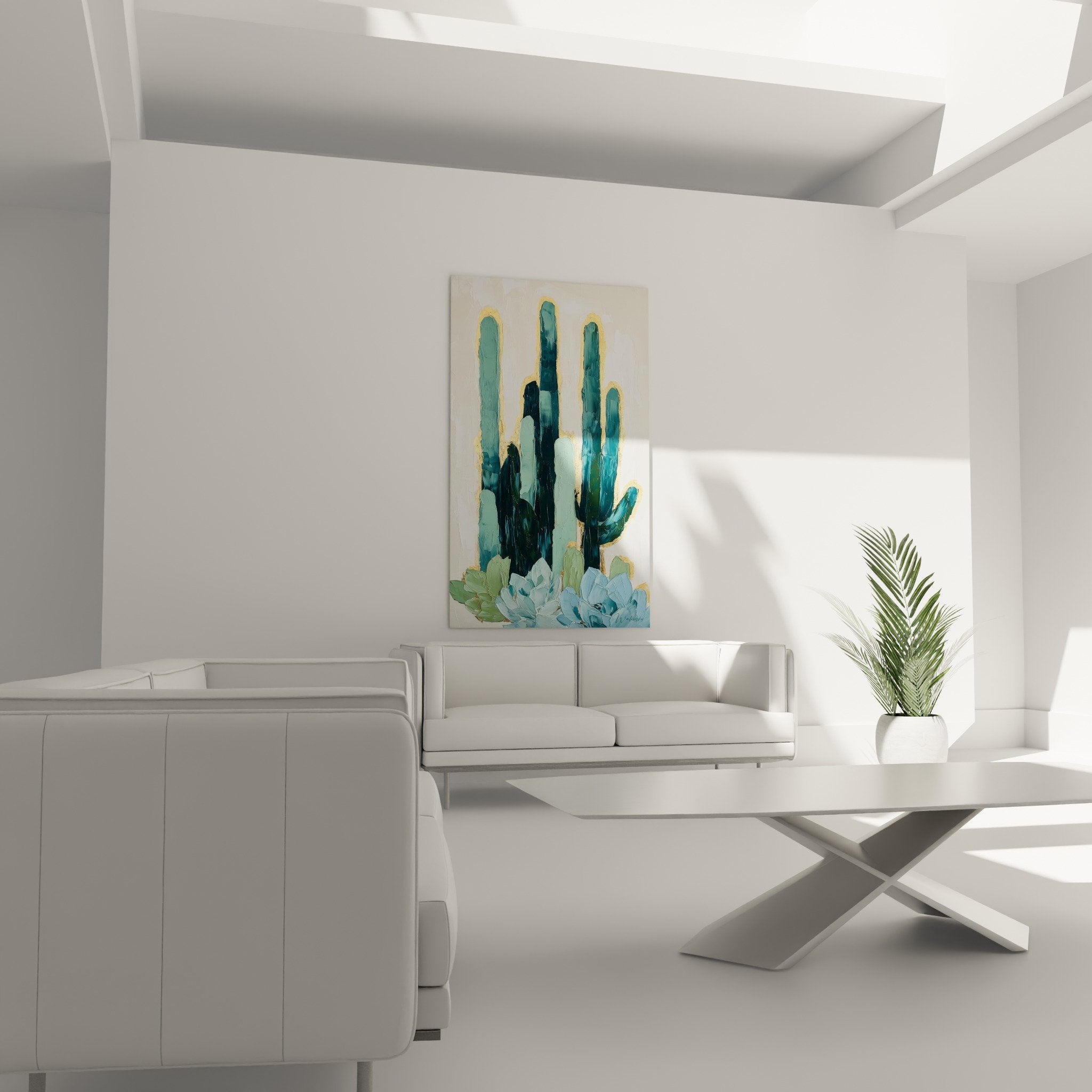 Blue turquoise cactus painting detail with gold contours artistic texture cubism artwork