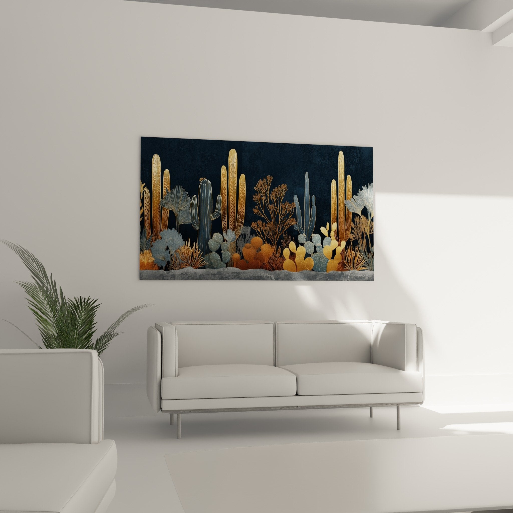 Detail tableau cactus colonnaires dores, textures metalliques et nuances cuivrees sur fond bleu profond