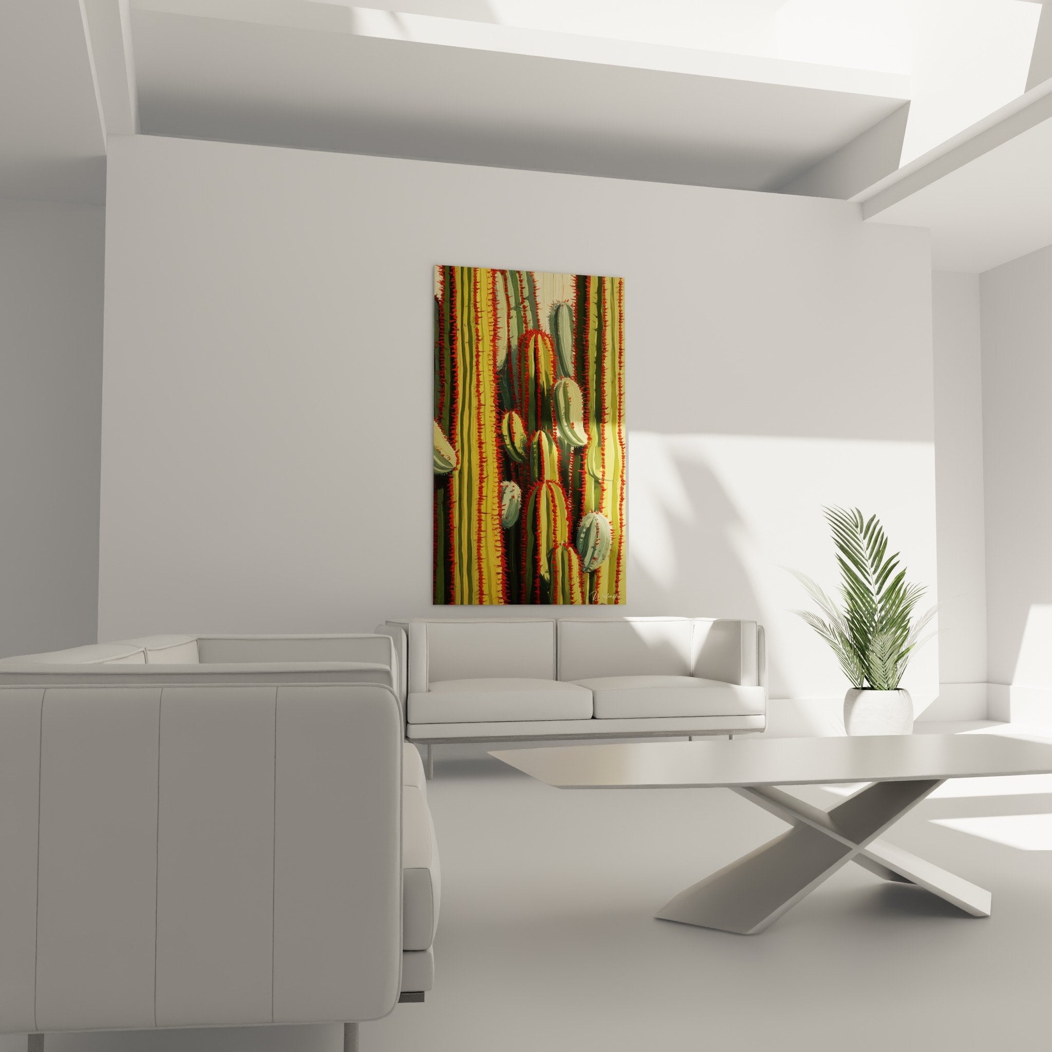 Cactus cubism wall art detail with colorful yellow and red stripes geometric modern painting texture