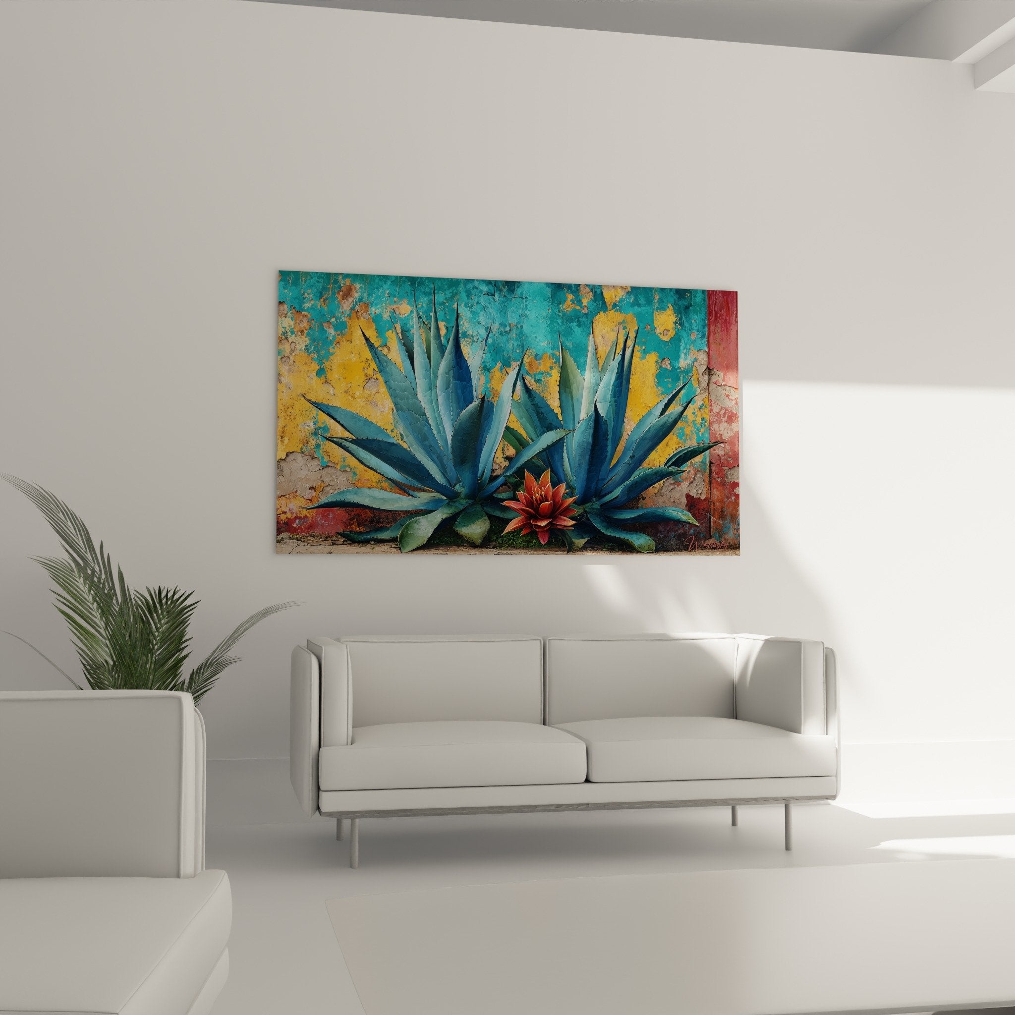 detail cactus epines bleu acier fleur rouge eclatante texture mur ecaille