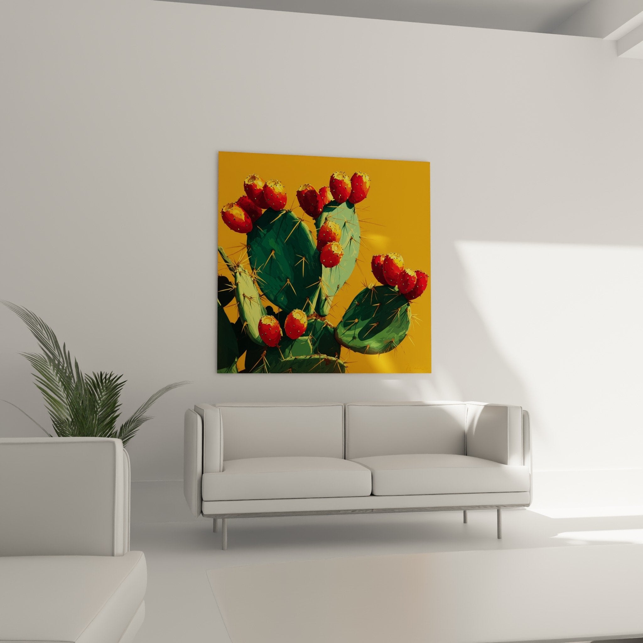 Gros plan tableau cactus épines dorées, fruits rouge carmin jaune doré, détails botaniques réalistes