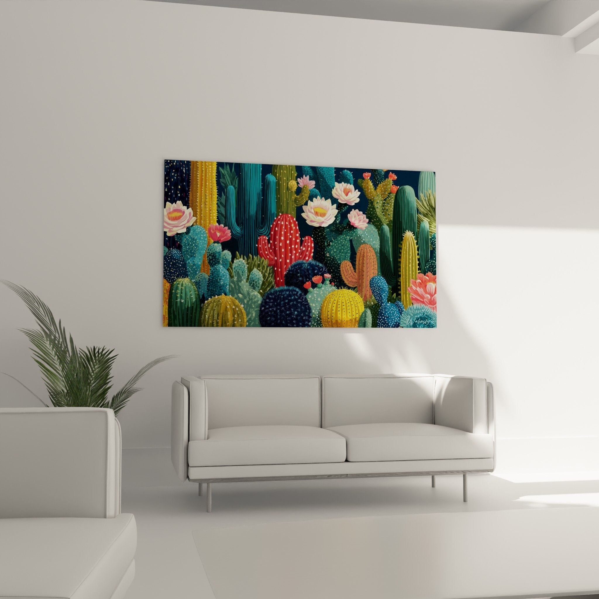 Detail tableau cactus fleurs roses epines dorees textures vegetales peinture artistique moderne