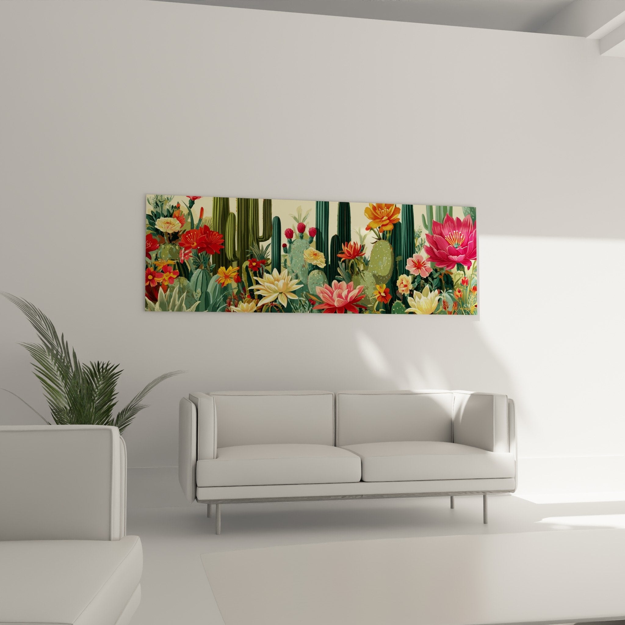 Detail rapproche tableau cactus saguaro avec grandes fleurs roses fuchsia et texture epines realiste