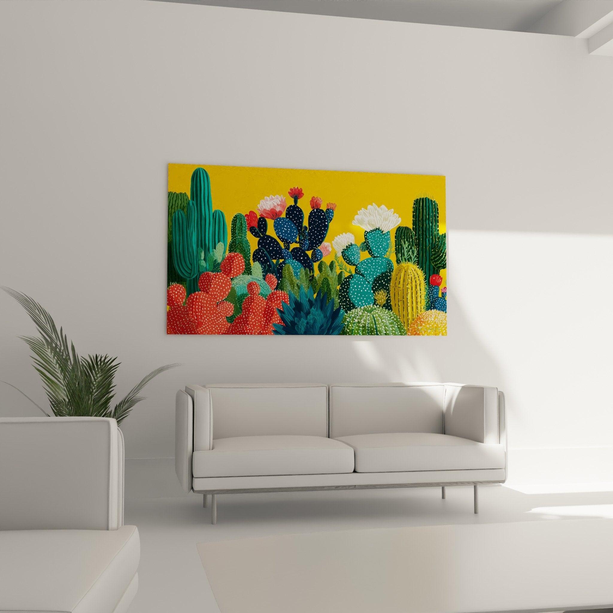Close-up detail of geometric blue red white cacti cubism style dotted patterns