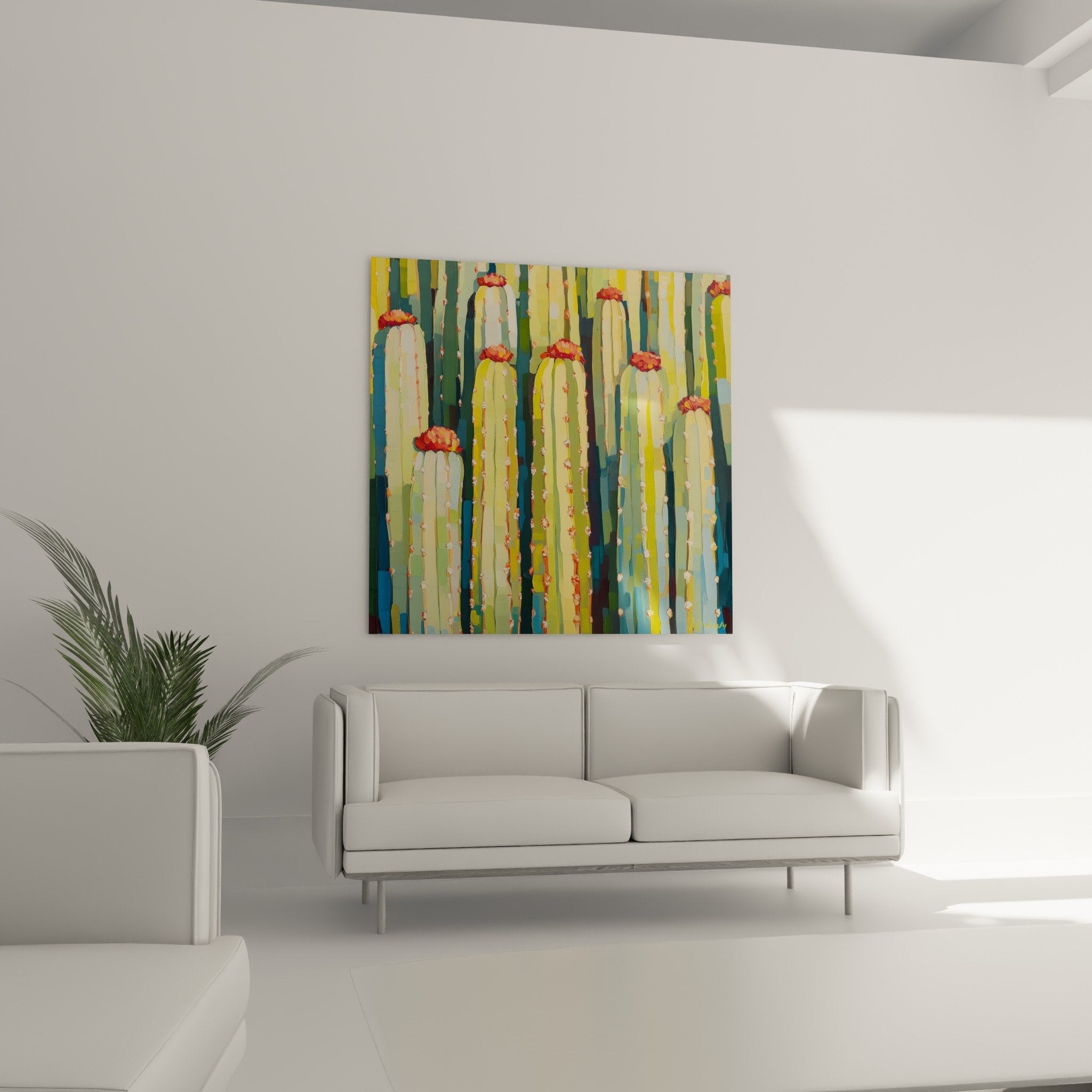 Detail cactus geometrique fleurs rouge orange epines blanches style cubiste peinture
