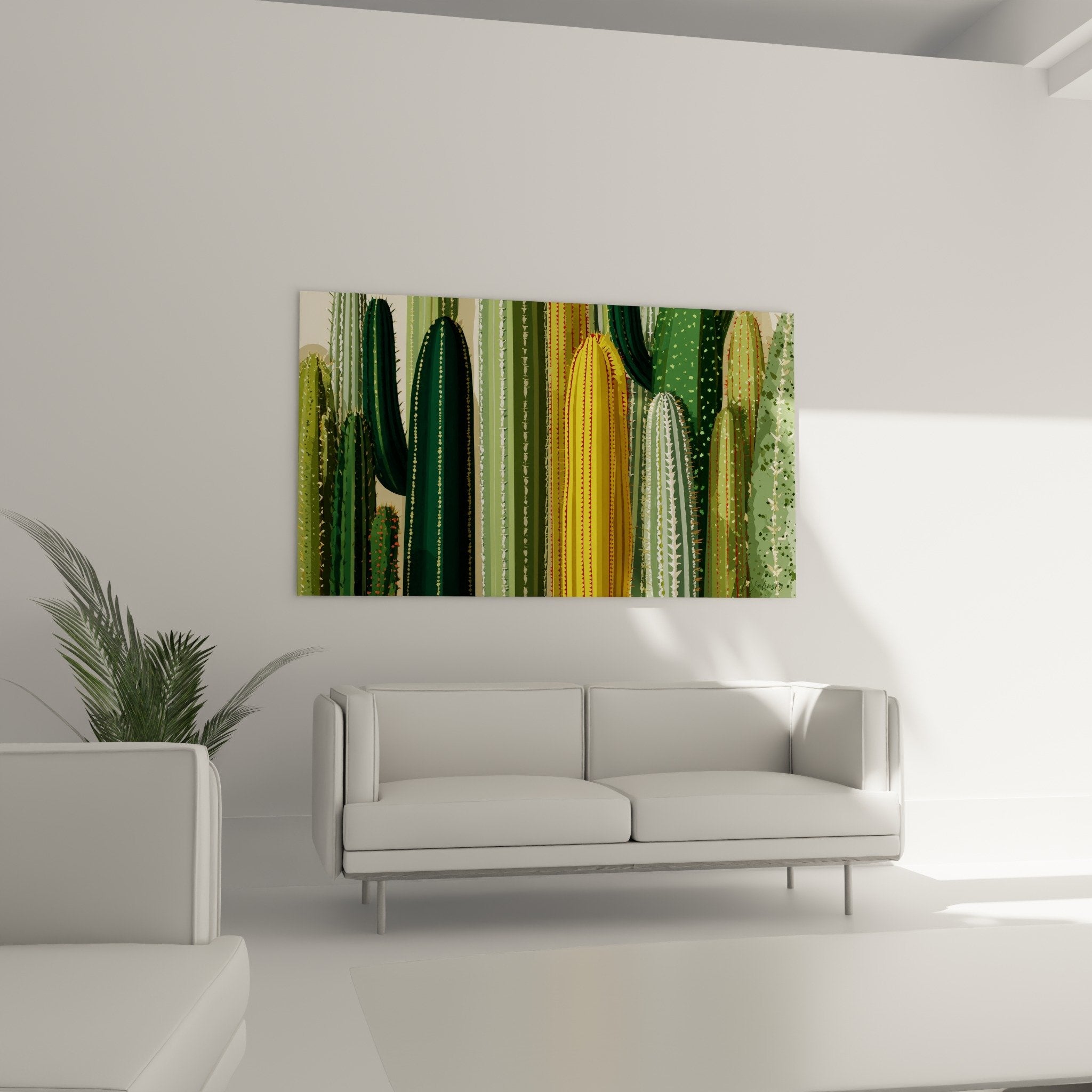 Detail rapproche cactus jaune et verts varies textures epines motifs geometriques naturels