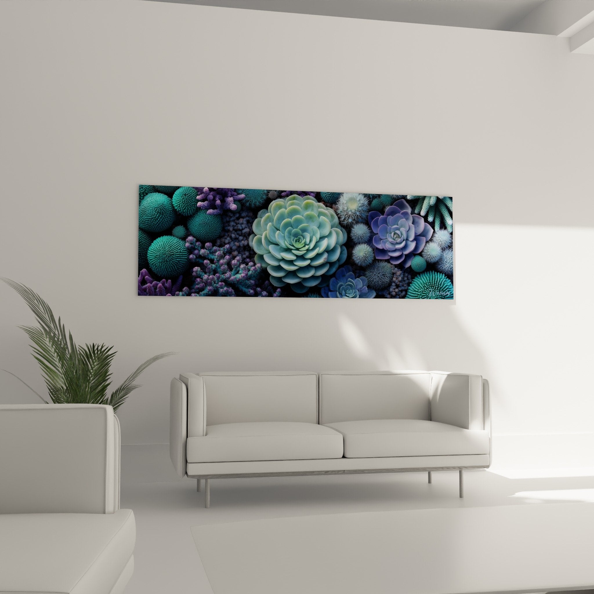 Détail tableau cactus rosettes turquoise violet textures végétales succulentes géométriques