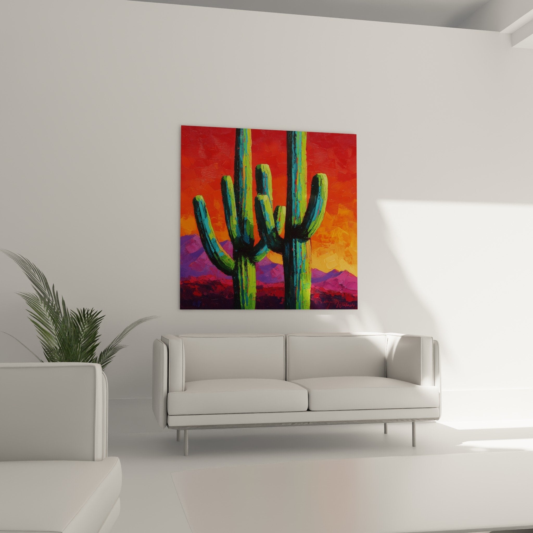 Detail cactus saguaro vert bleu jaune peinture cubiste texture empâtements couleurs vives