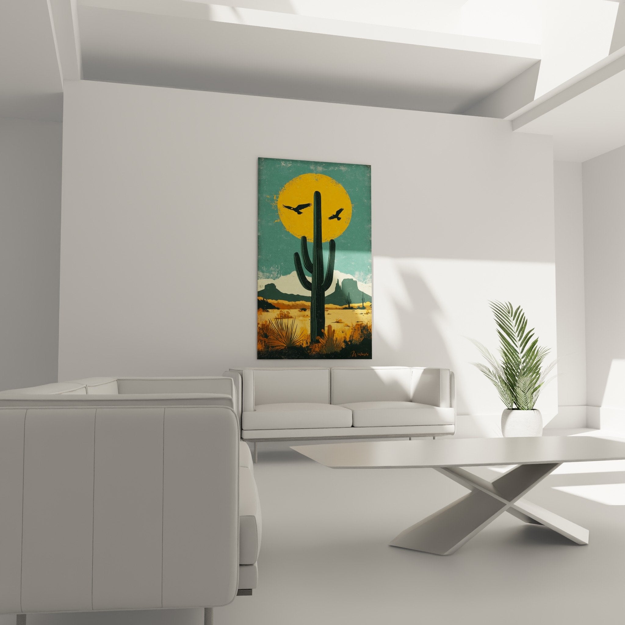 Detail tableau cactus saguaro soleil orange oiseaux silhouettes texture vintage patinee