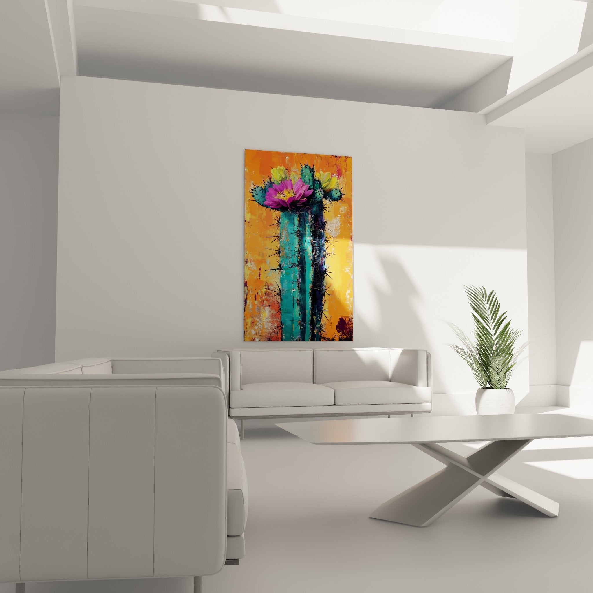 Detail peinture cactus turquoise epines noires fleur magenta texture picturale expressionniste desert