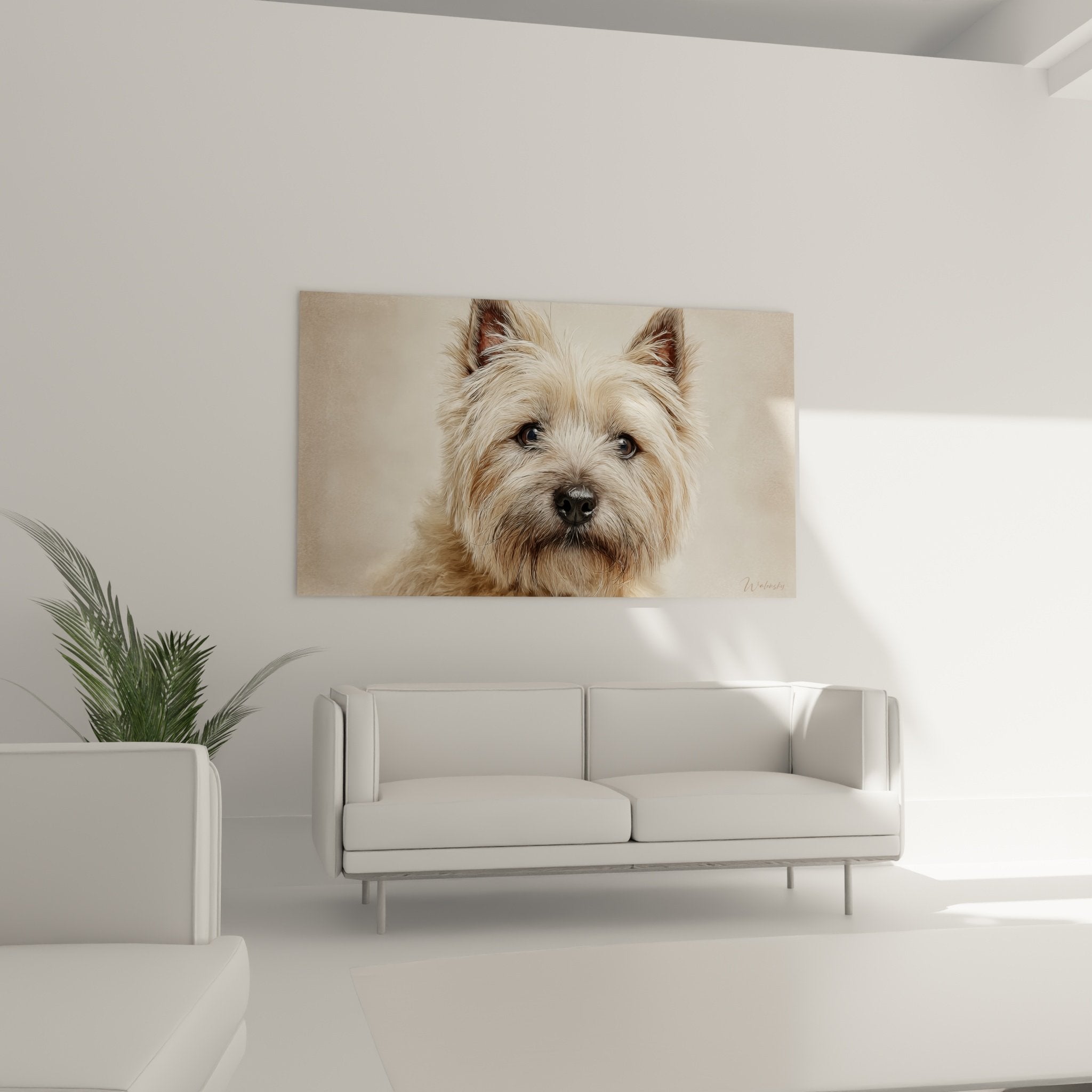 detail portrait cairn terrier yeux expressifs pelage dore texture realiste art animalier