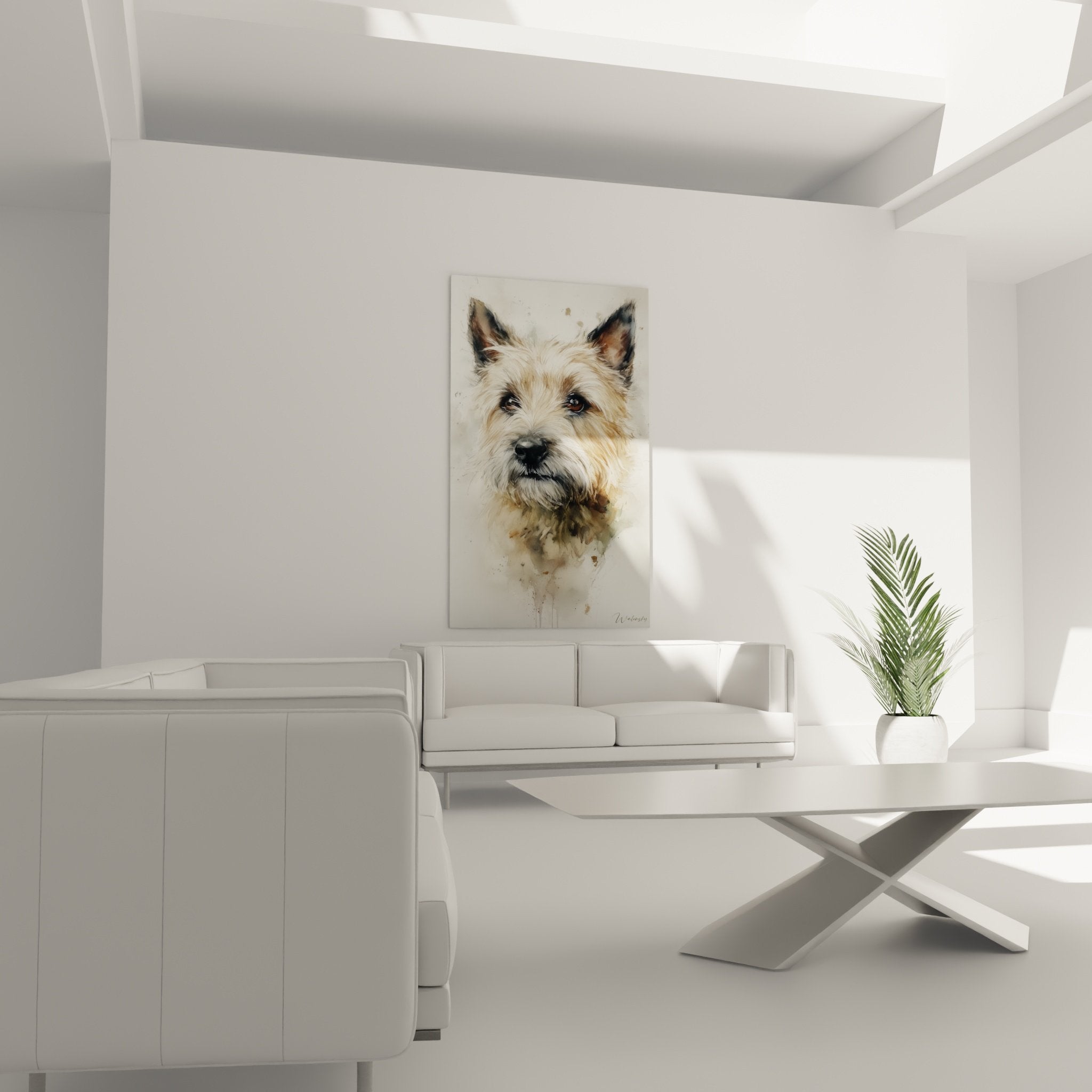 Detail portrait Cairn Terrier aquarelle oreilles dressees yeux ambre pelage dore