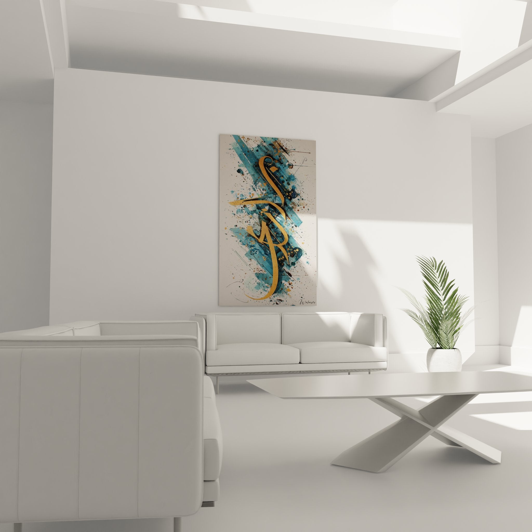 Gros plan détail calligraphie dorée abstraite peinture bleue éclaboussures artistiques texture moderne