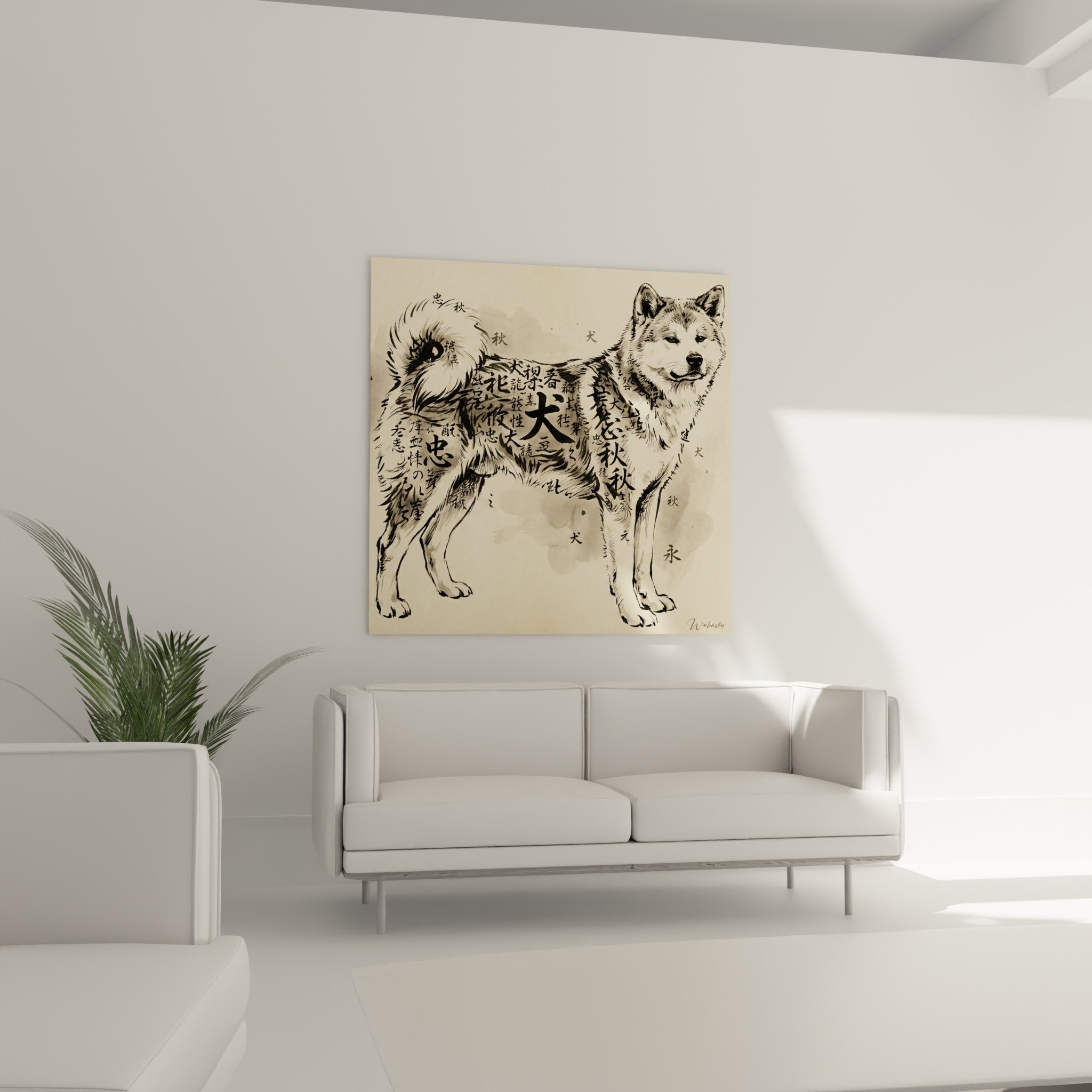 Détail calligraphie japonaise intégrée dans pelage Akita Inu art mural oriental