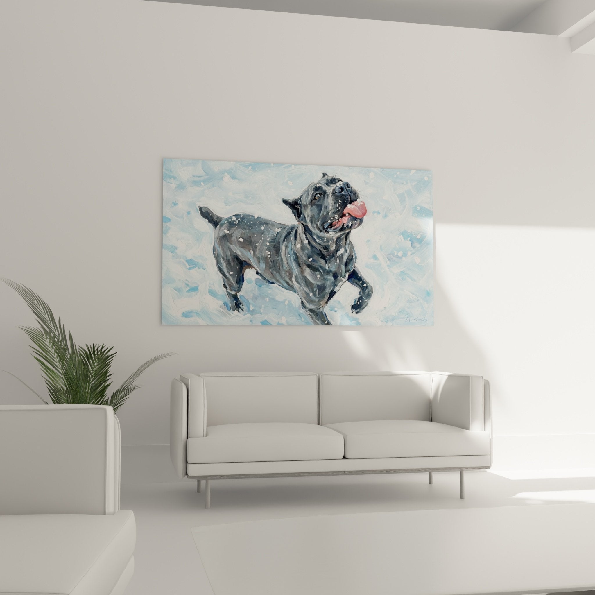 Détail rapproché du tableau Cane Corso montrant l'expression joyeuse du chien et les flocons de neige