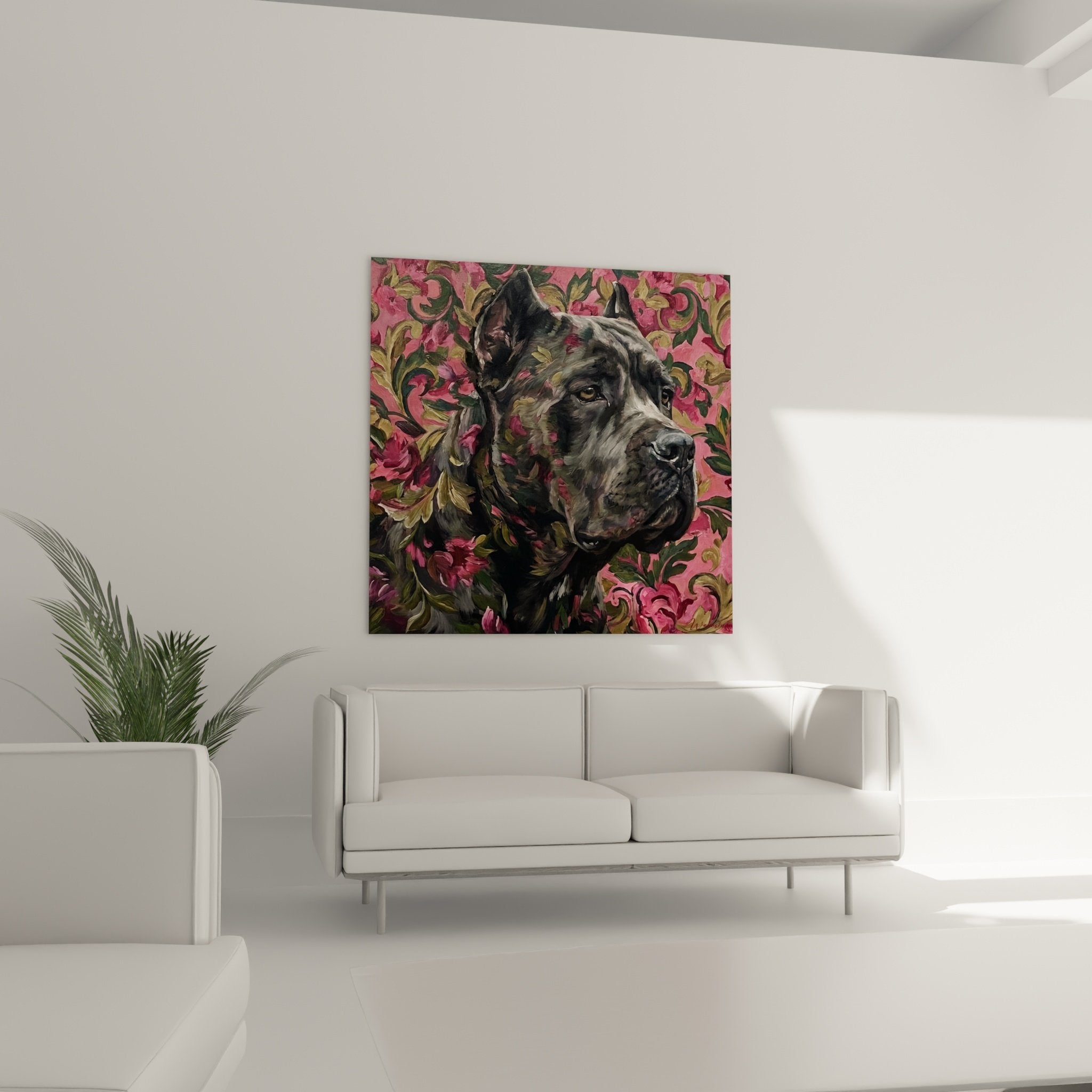 Détail portrait Cane Corso gris regard intense roses baroques fuchsia feuillages dorés texture peinture