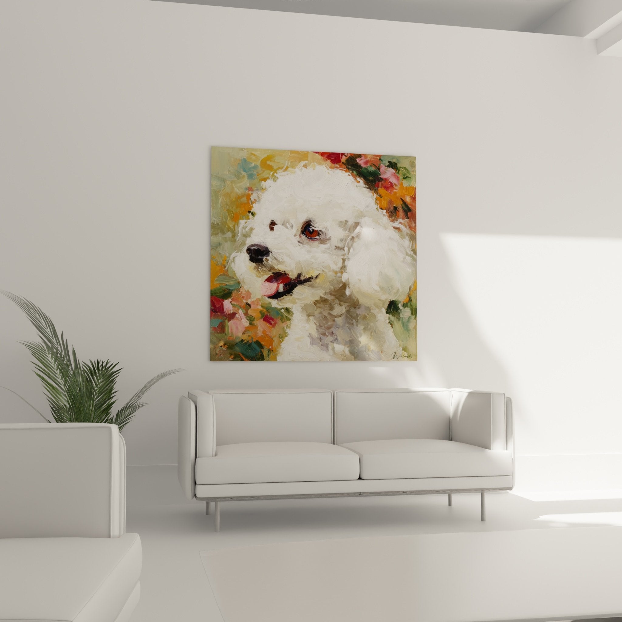Detailporträt weißer Pudel zarter Blick impressionistische Pinseltechnik lebendige Farben