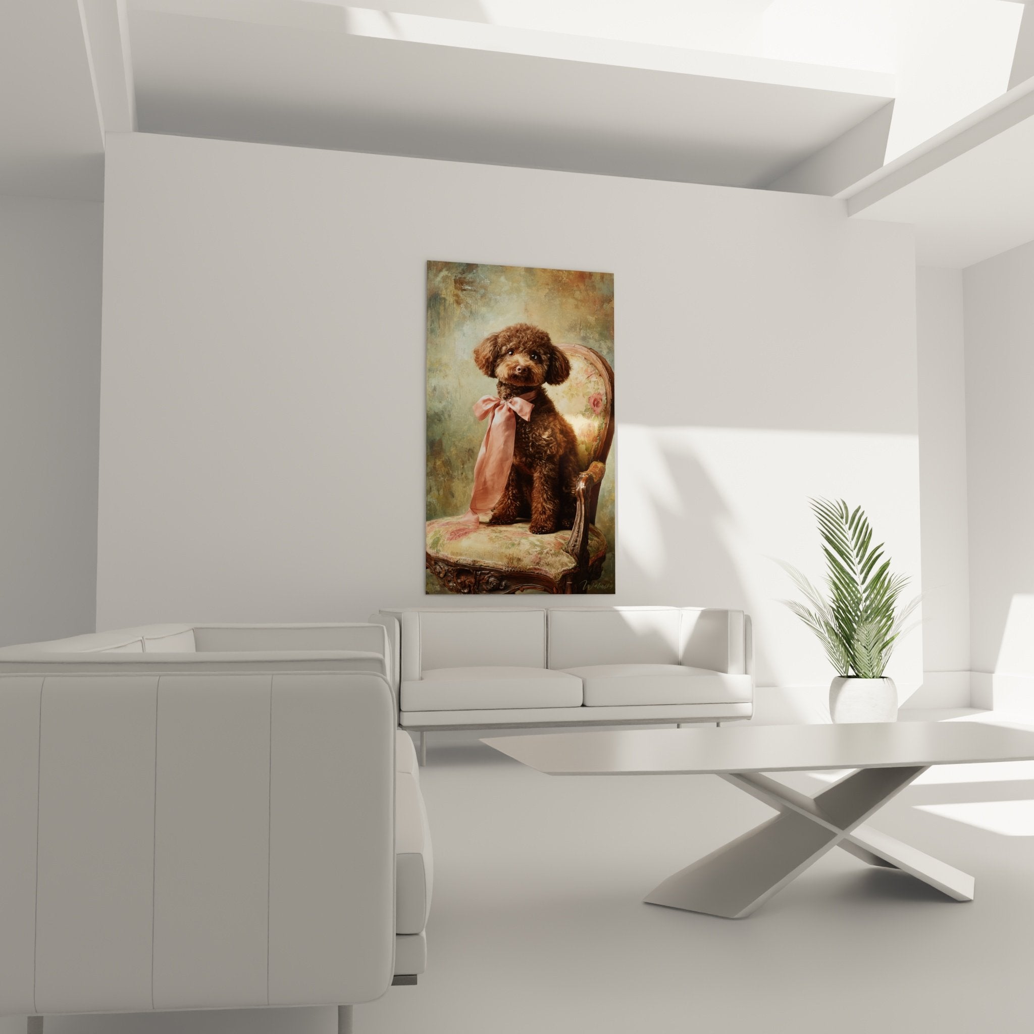 Detail caniche boucles chocolat ruban rose elegant texture pelage soyeux portrait chien