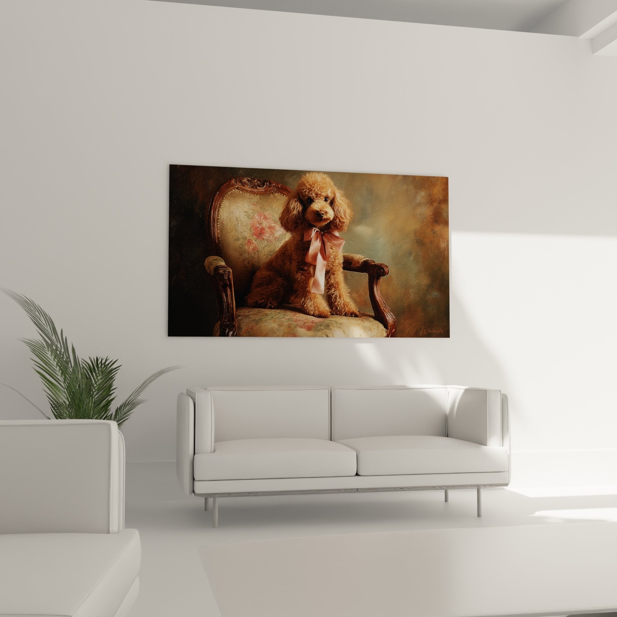 Detailporträt Pudel goldene Locken zartes rosa Schleifchen Sessel mit gestickten Blütenmotiven Louis-XVI-Stil