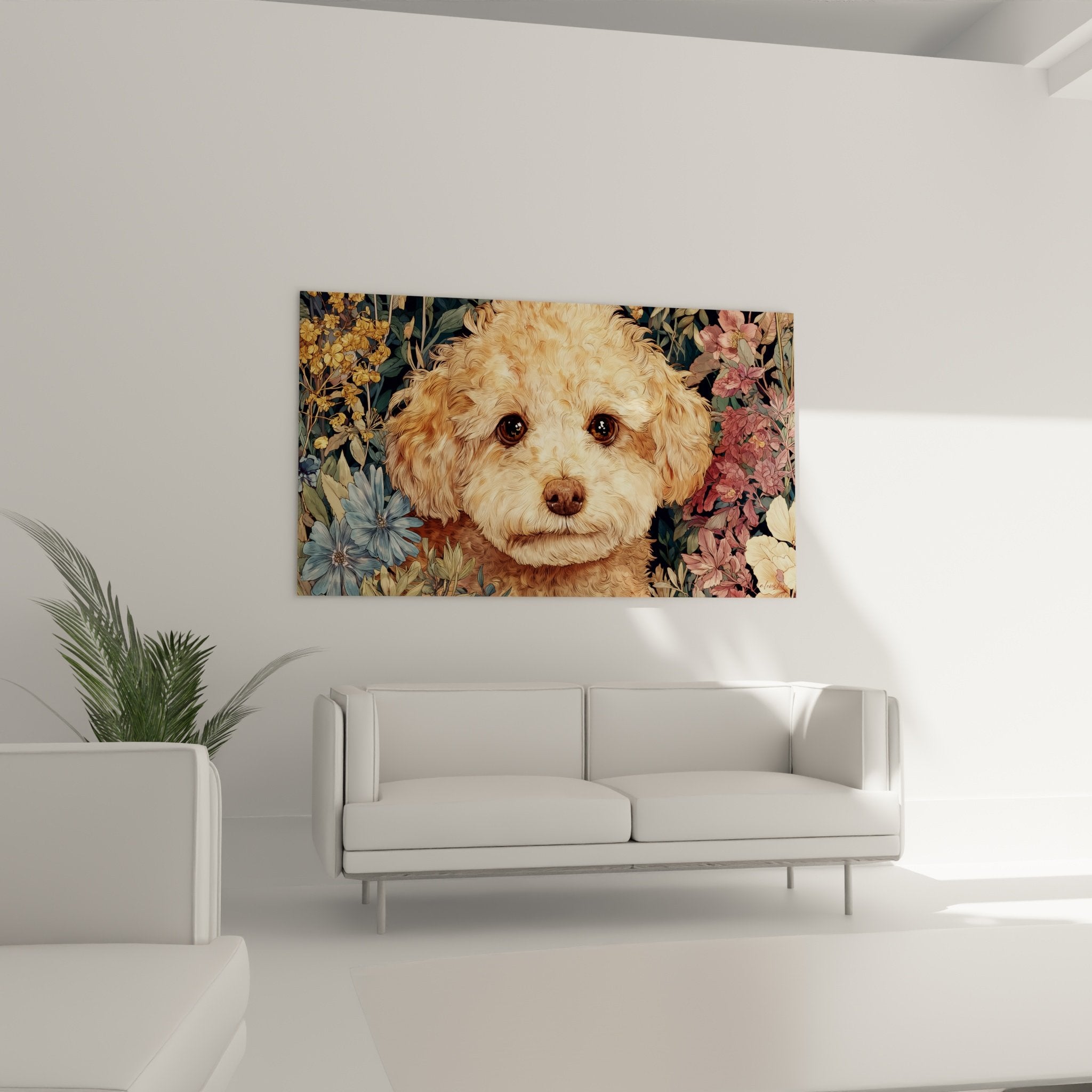 Détail portrait caniche aux boucles dorées et regard tendre - art animalier de qualité