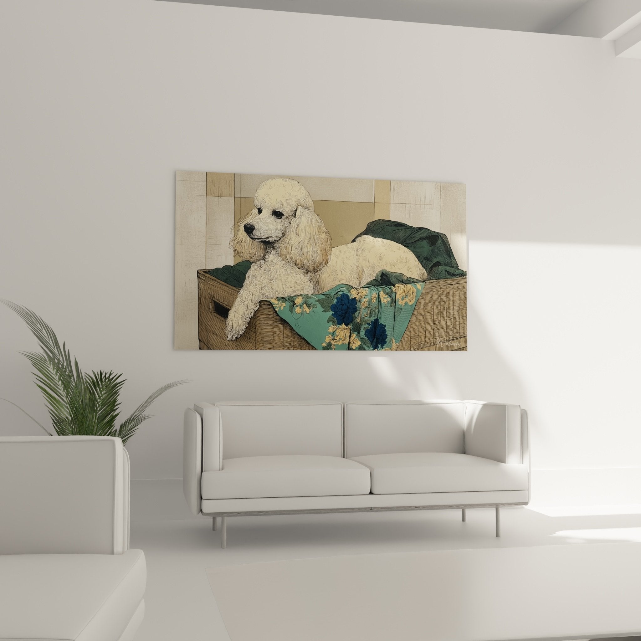 Detail caniche boucles creme pelage soyeux panier bambou tresse motifs floraux turquoise dores