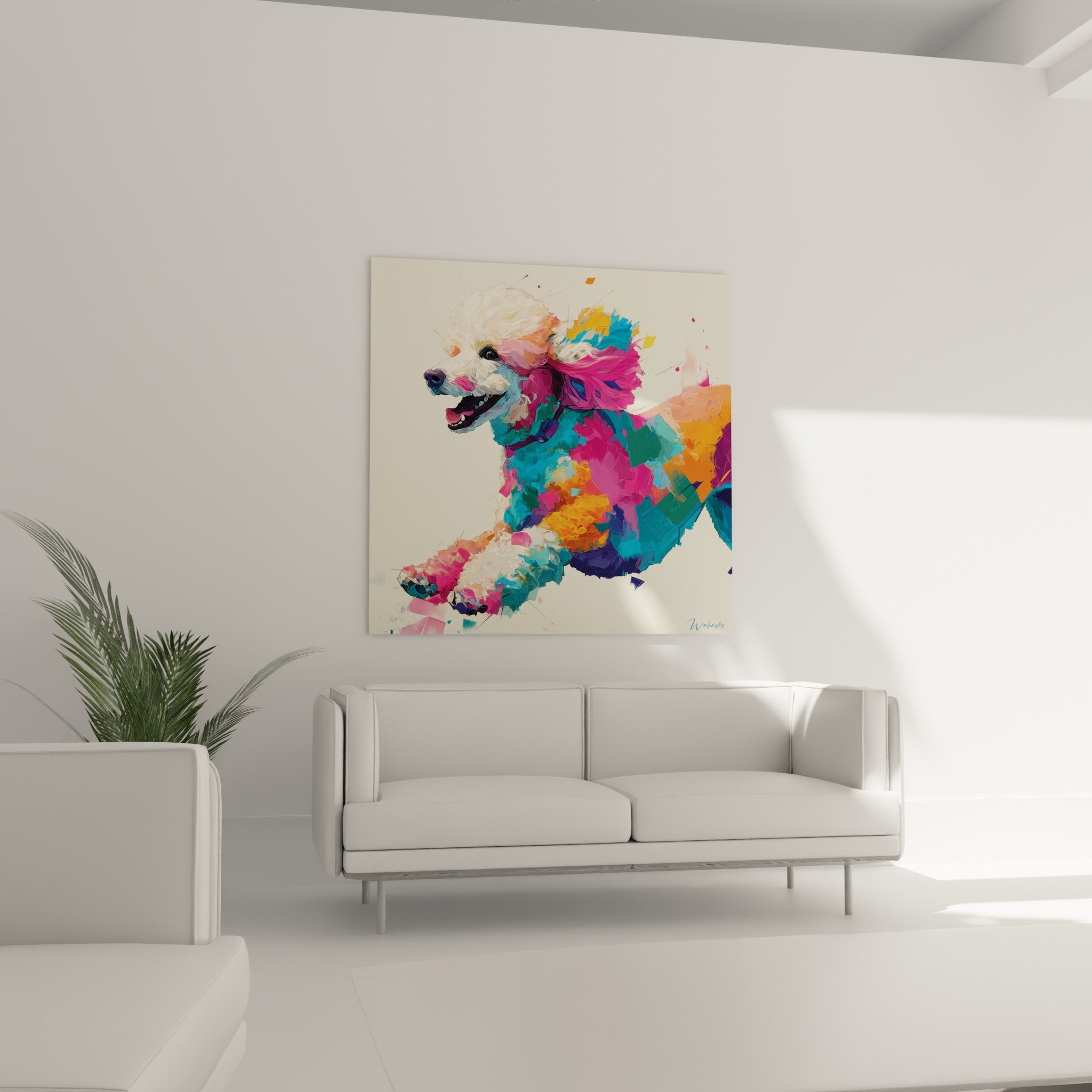 Detailansicht Pudel-Gemälde expressionistisch lebendige Farben Fuchsia Türkis Orange Spritzfarbentechnik