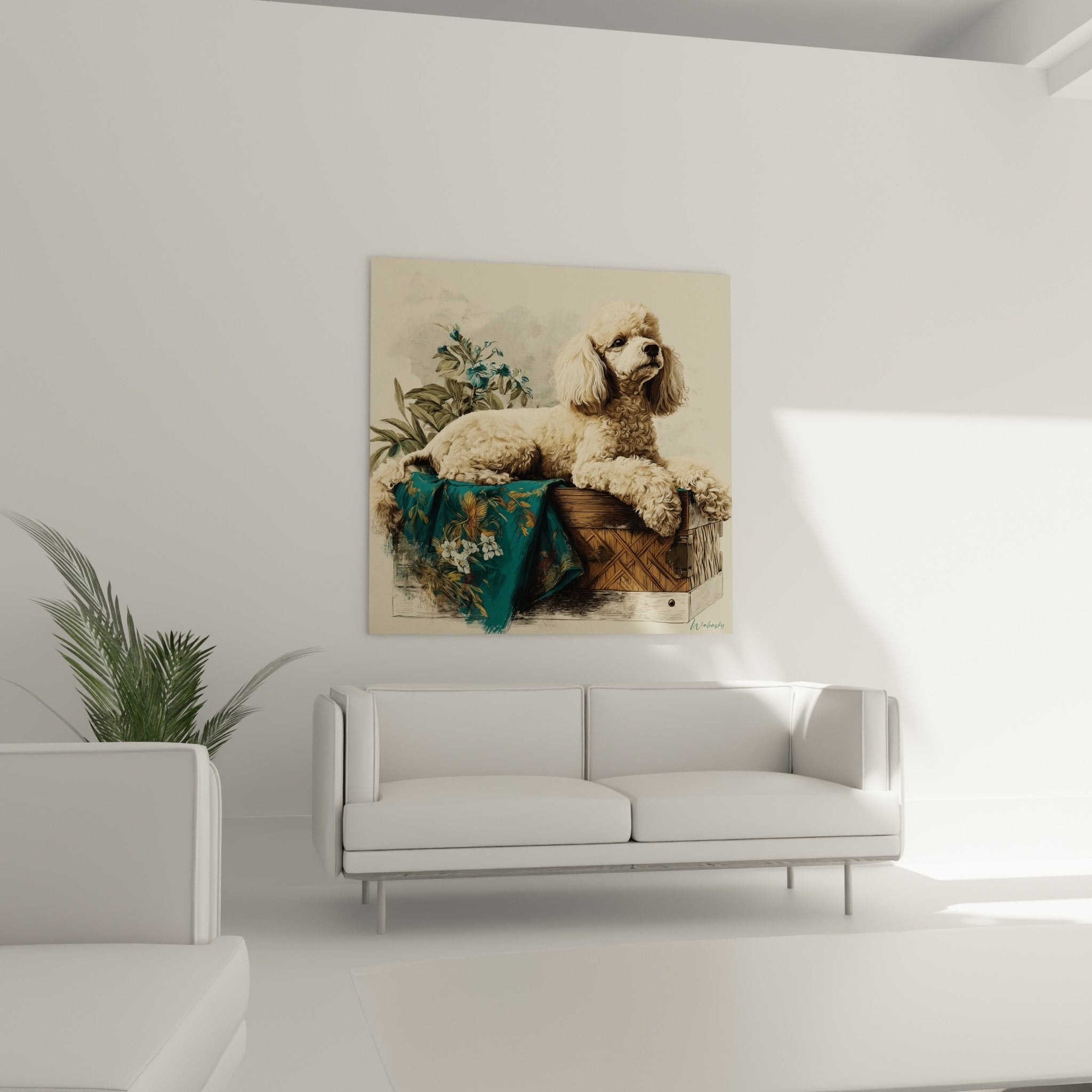 Detail caniche pelage boucle dore regard intelligent expression noble art animalier style gravure ancienne qualite museum