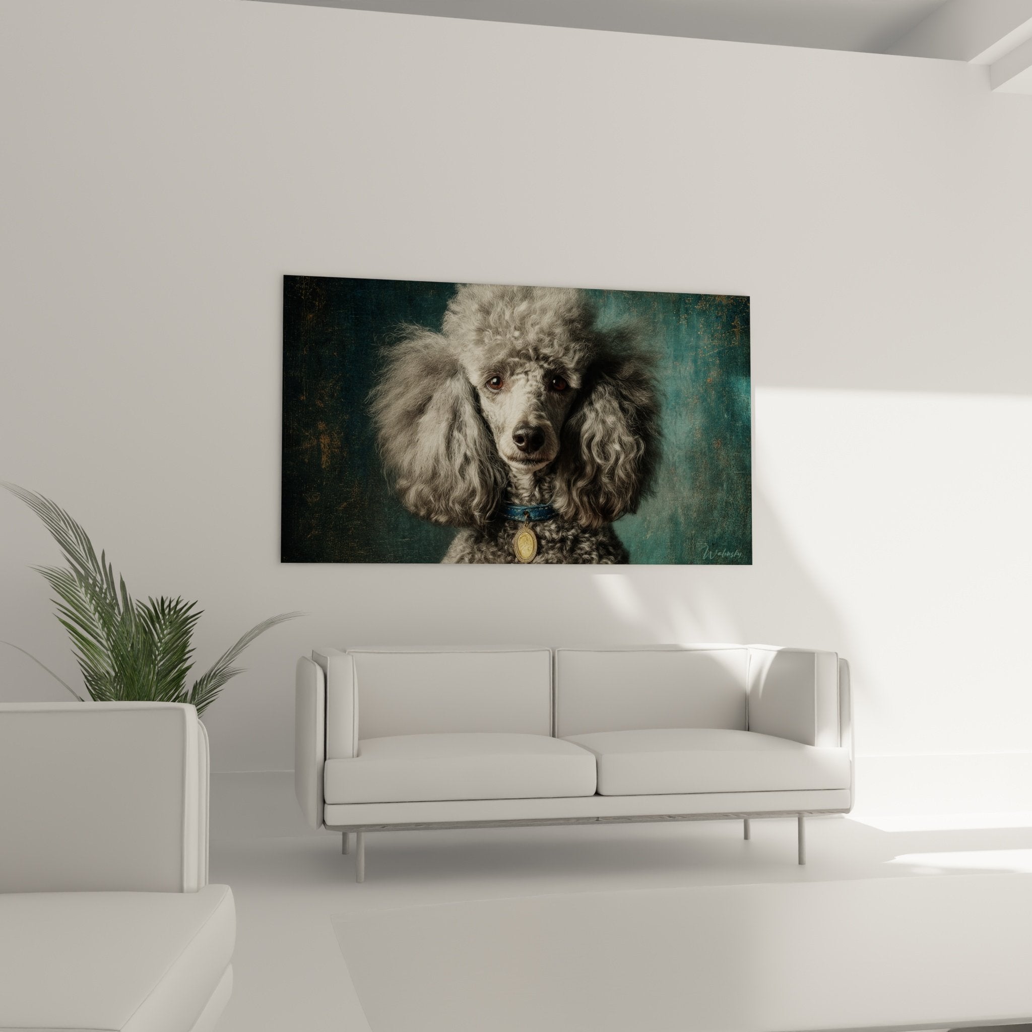 Détail du regard expressif et des boucles argentées du Caniche avec son collier précieux