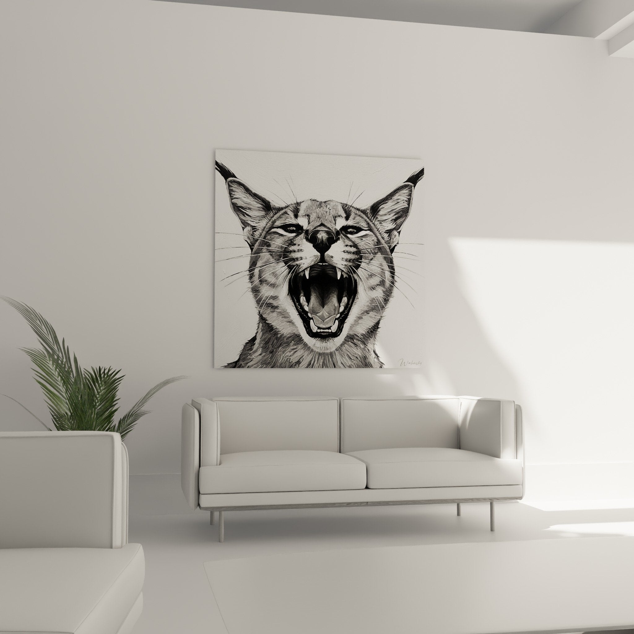 Detailaufnahme Caracal Zeichnung monochrom Großaufnahme Kopf offenes Maul Fangzähne Vibrissen realistische Fell-Textur Tier-Portrait