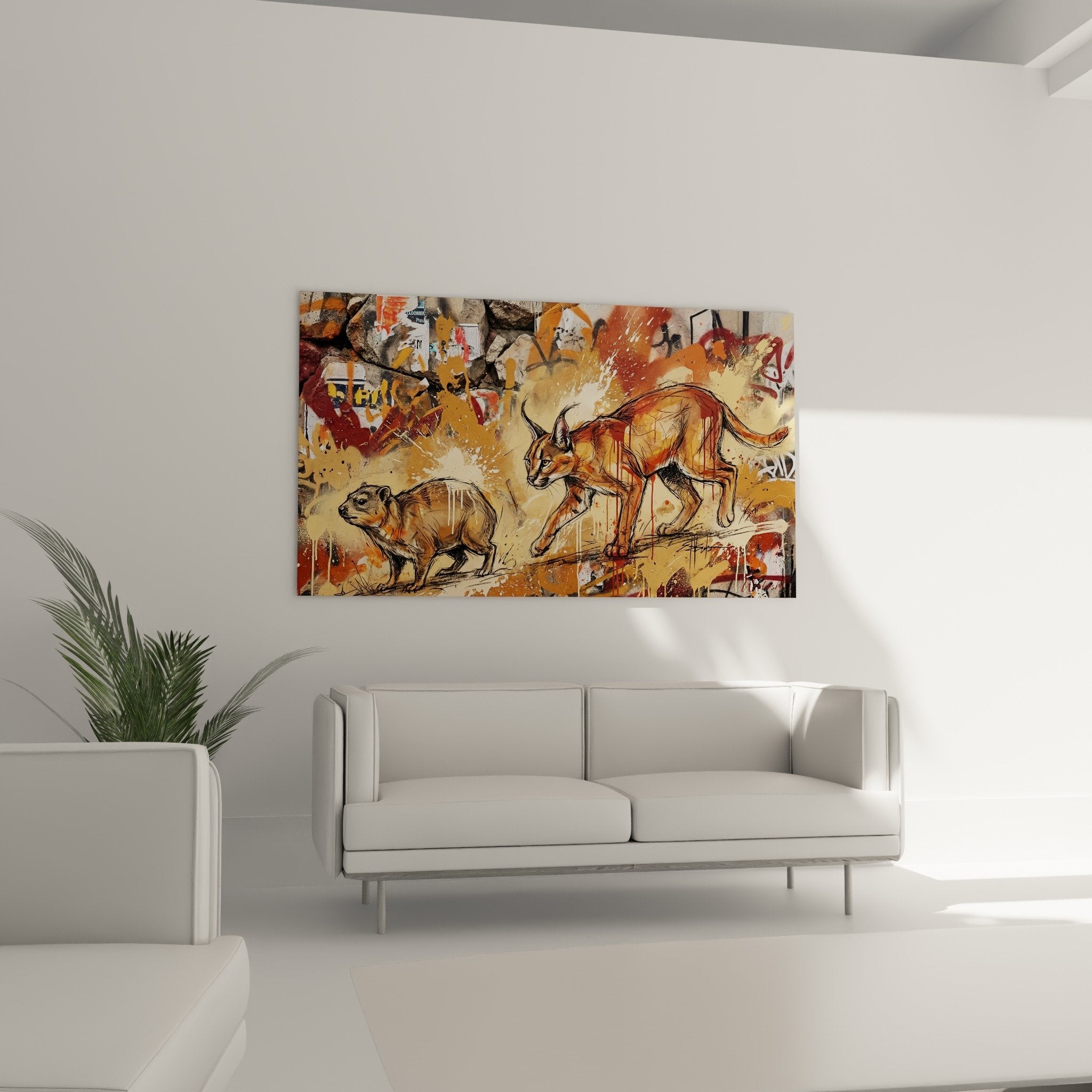 Detail Caracal mit spitzen Ohren, Mischtechnik Graffiti Malerei rote und ockerfarbene Spritzer
