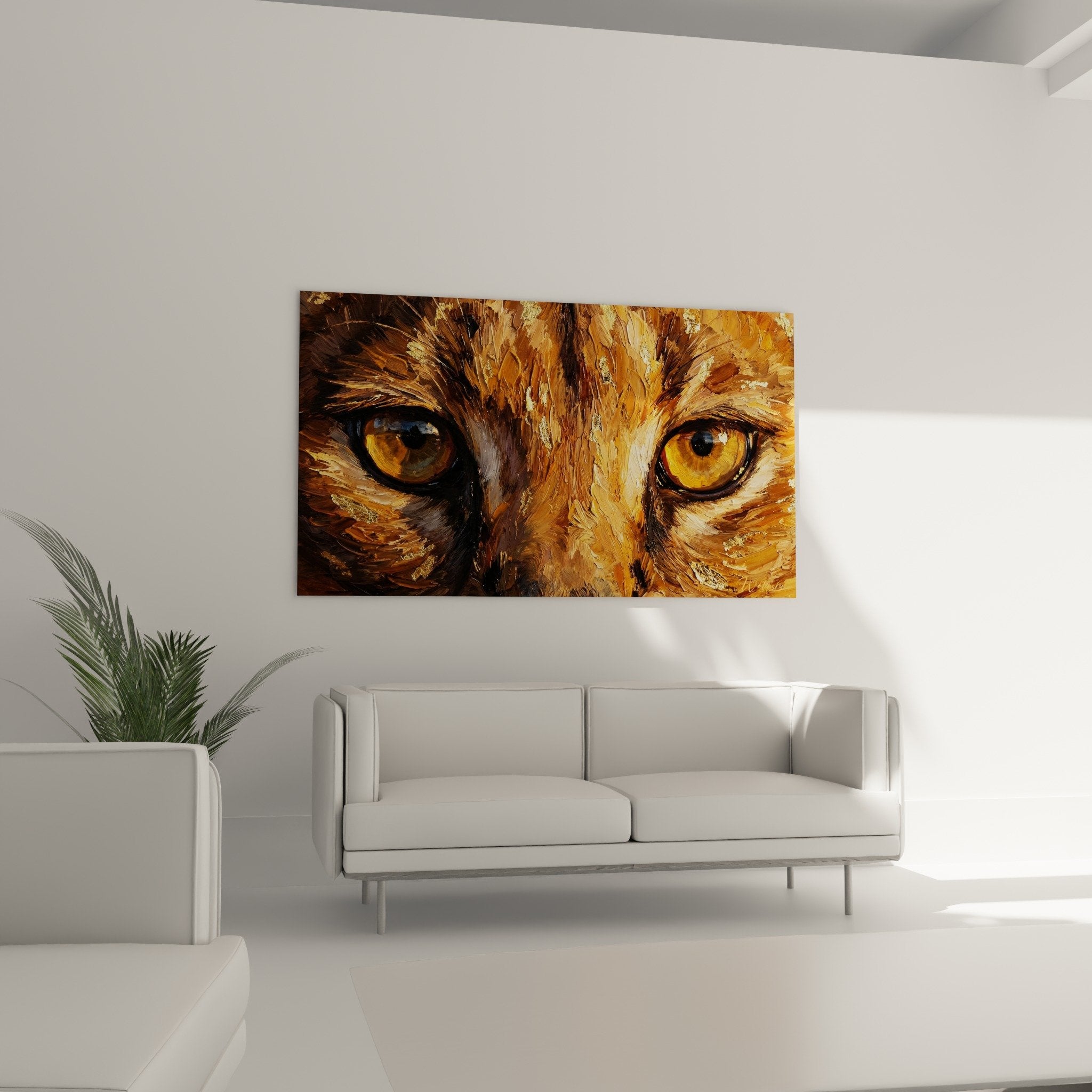 Detail Caracal-Gemälde strukturierte Malerei bernsteinfarbene Augen expressionistische Pinselstriche bearbeitete Textur Relief