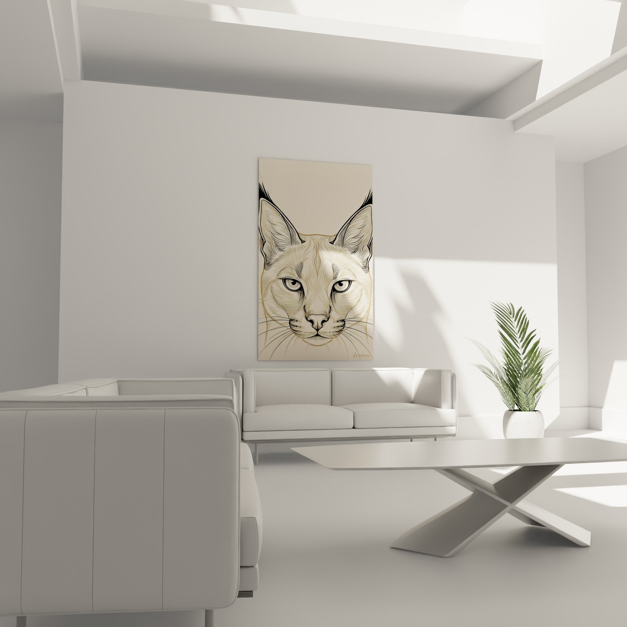 Detailporträt Caracal künstlerische Illustration präzise Striche cremefarbenes Fell Schnurrhaare Blick
