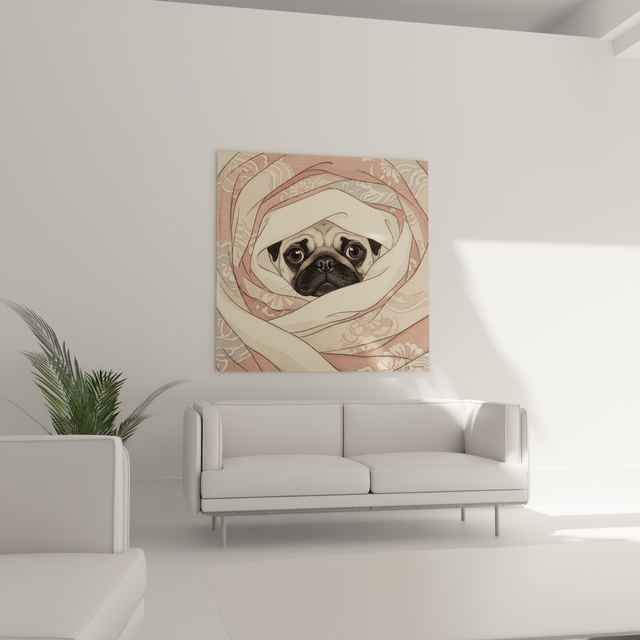 Detailporträt Mops mit melancholischem Blick, verzierte Kapuze mit stilisierten Blumenmotiven in Rosa- und Beigetönen