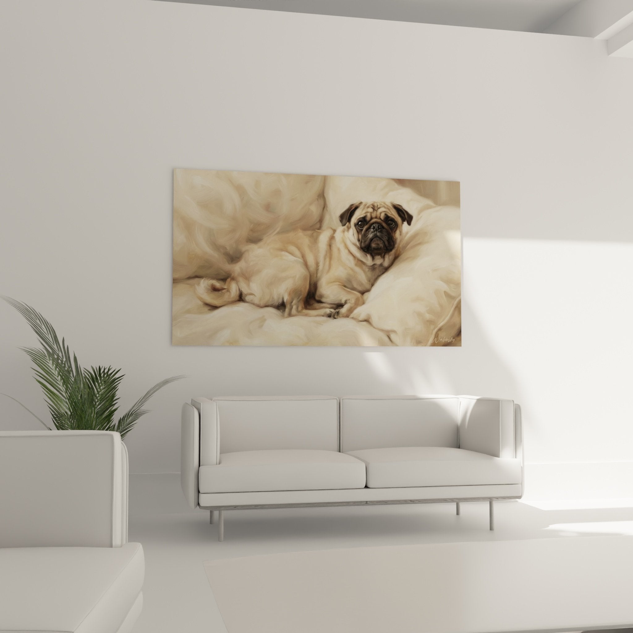 Detail pug painting expressive eyes black mask fawn coat wrinkled beige drapes realistic painting