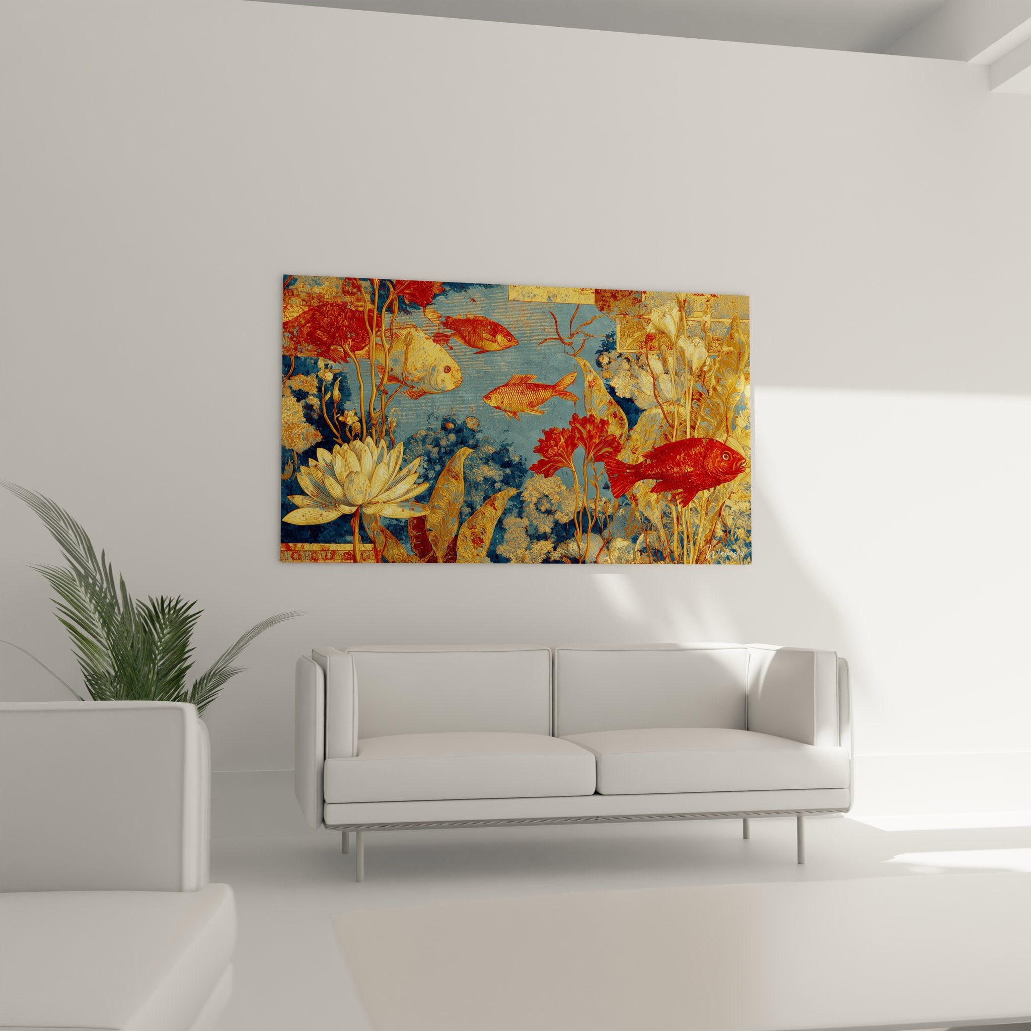 Détail rapproché tableau carpes koï dorées et lotus, textures raffinées art oriental