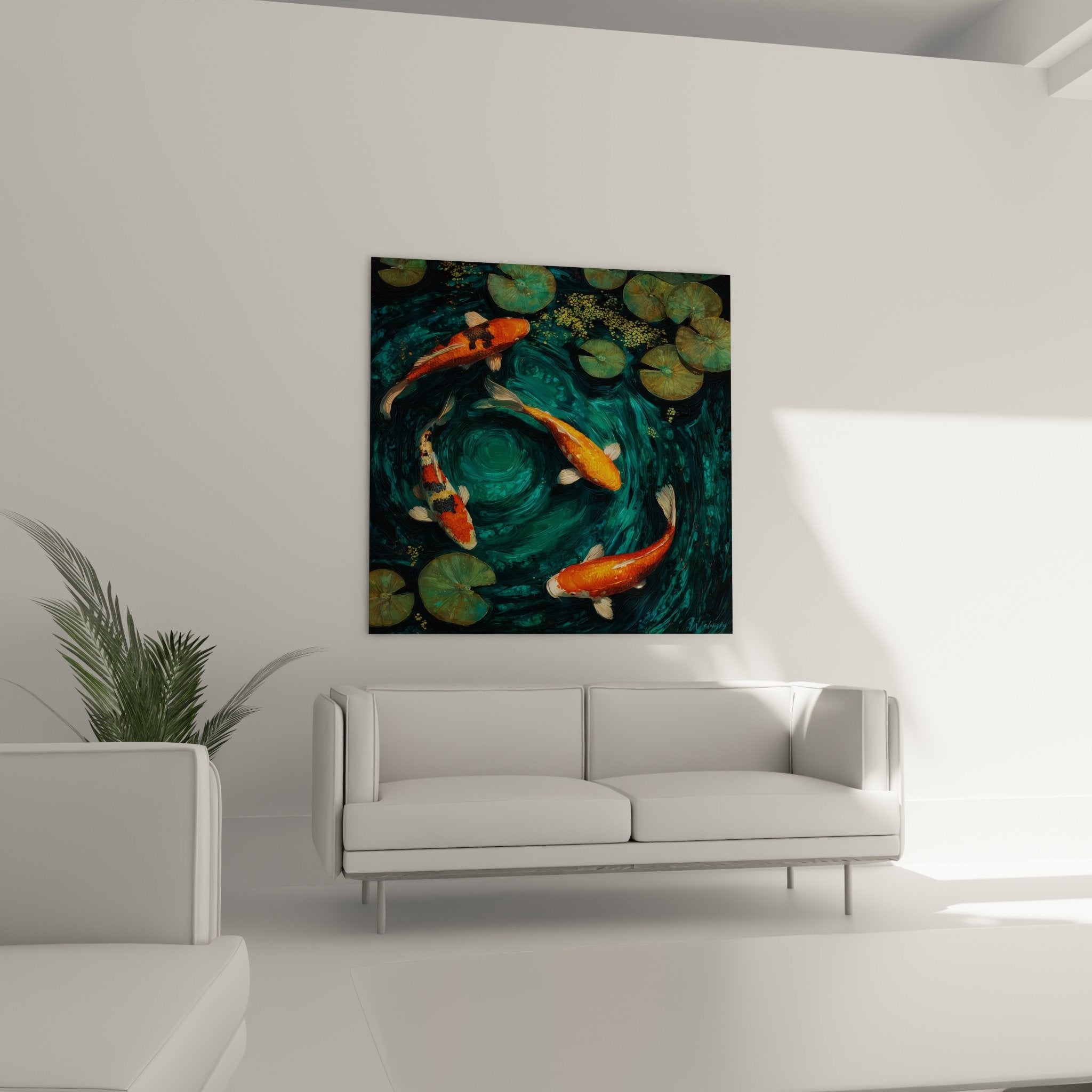 Detail carpes koi orange ecailles dorees reflets nenuphars verts eau turquoise peinture impressionniste