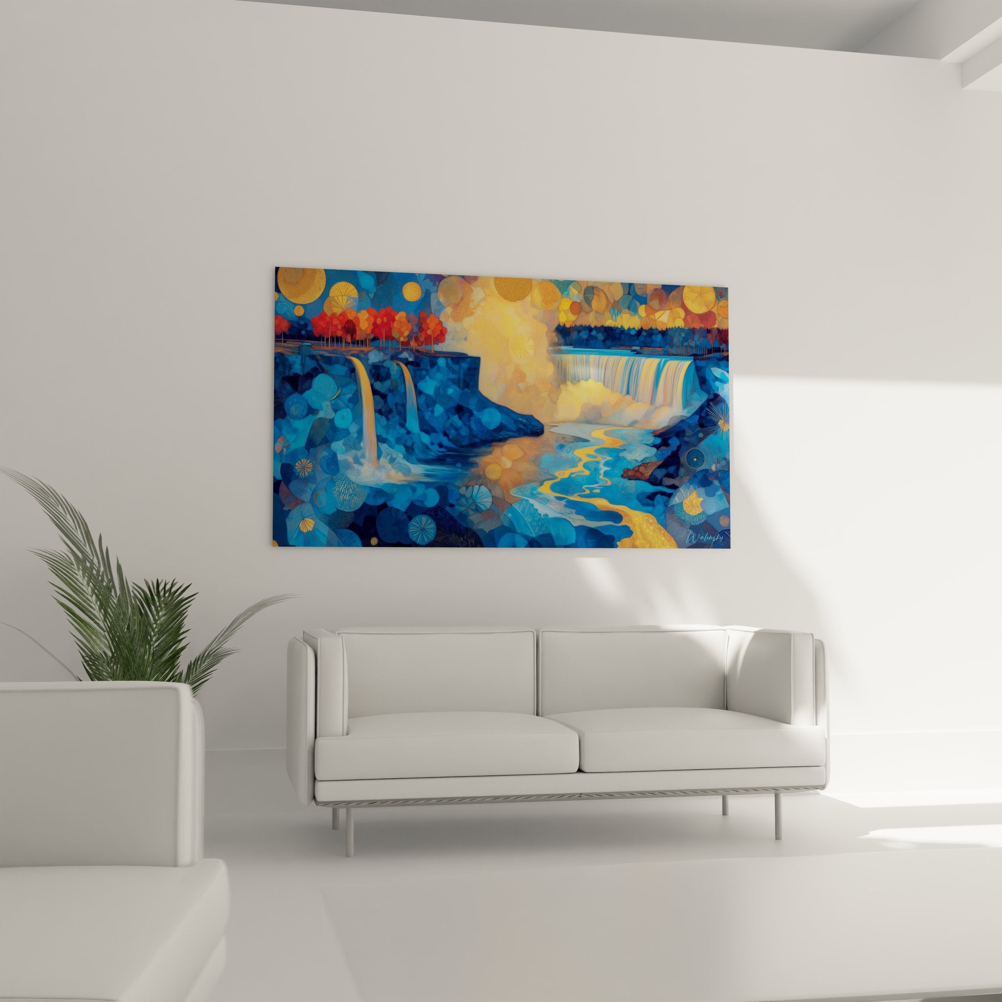 Détail gros plan tableau cascade abstraite, textures artistiques et motifs géométriques bleus