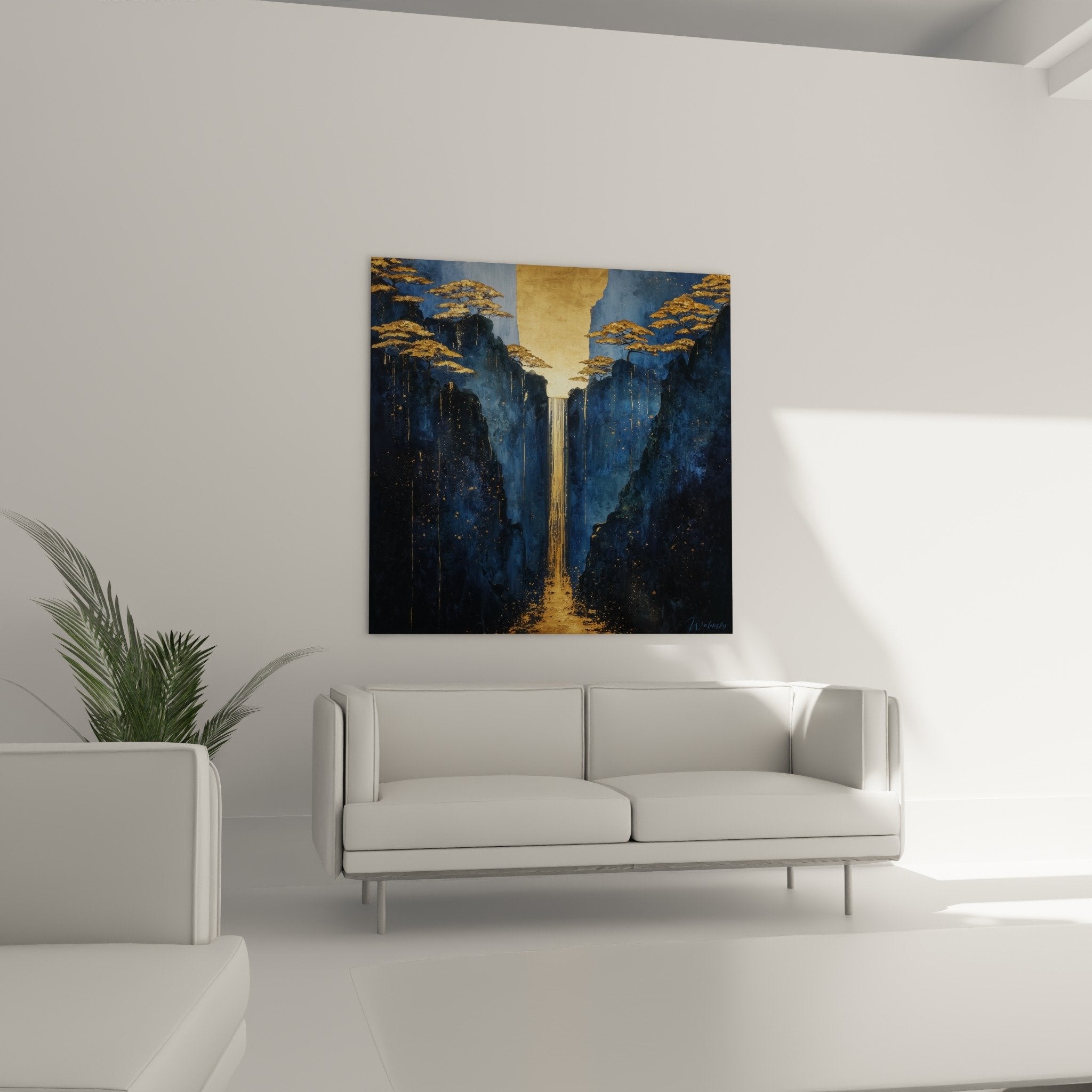 Golden cascade and luminous trees detail on blue nocturnal cliffs feng shui north water