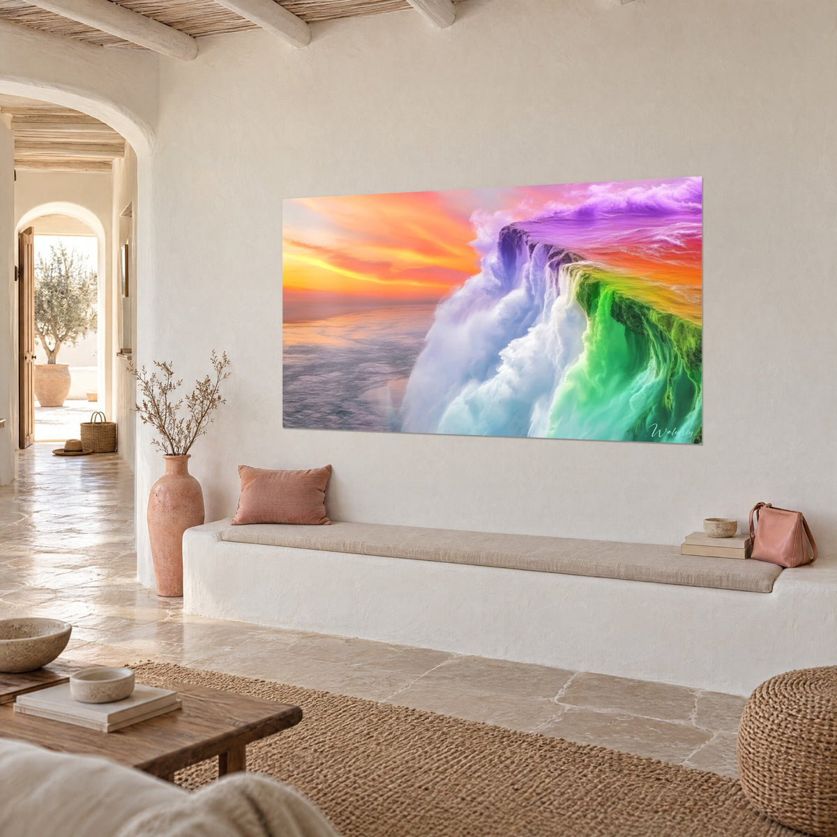 Schilderij prismatische waterval in paars en groen boven een grijze zee onder een oranje lucht, witte stucmuur en bankje