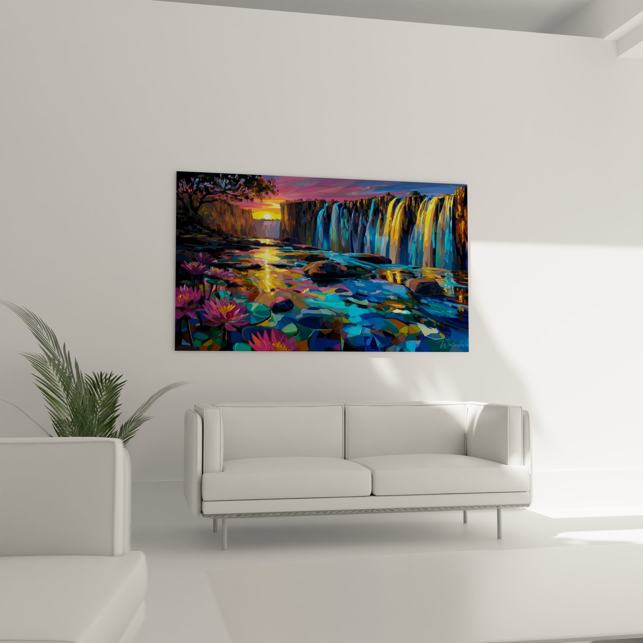 Gros plan détail tableau cascade montrant nénuphars violets et reflets colorés sur eau cristalline