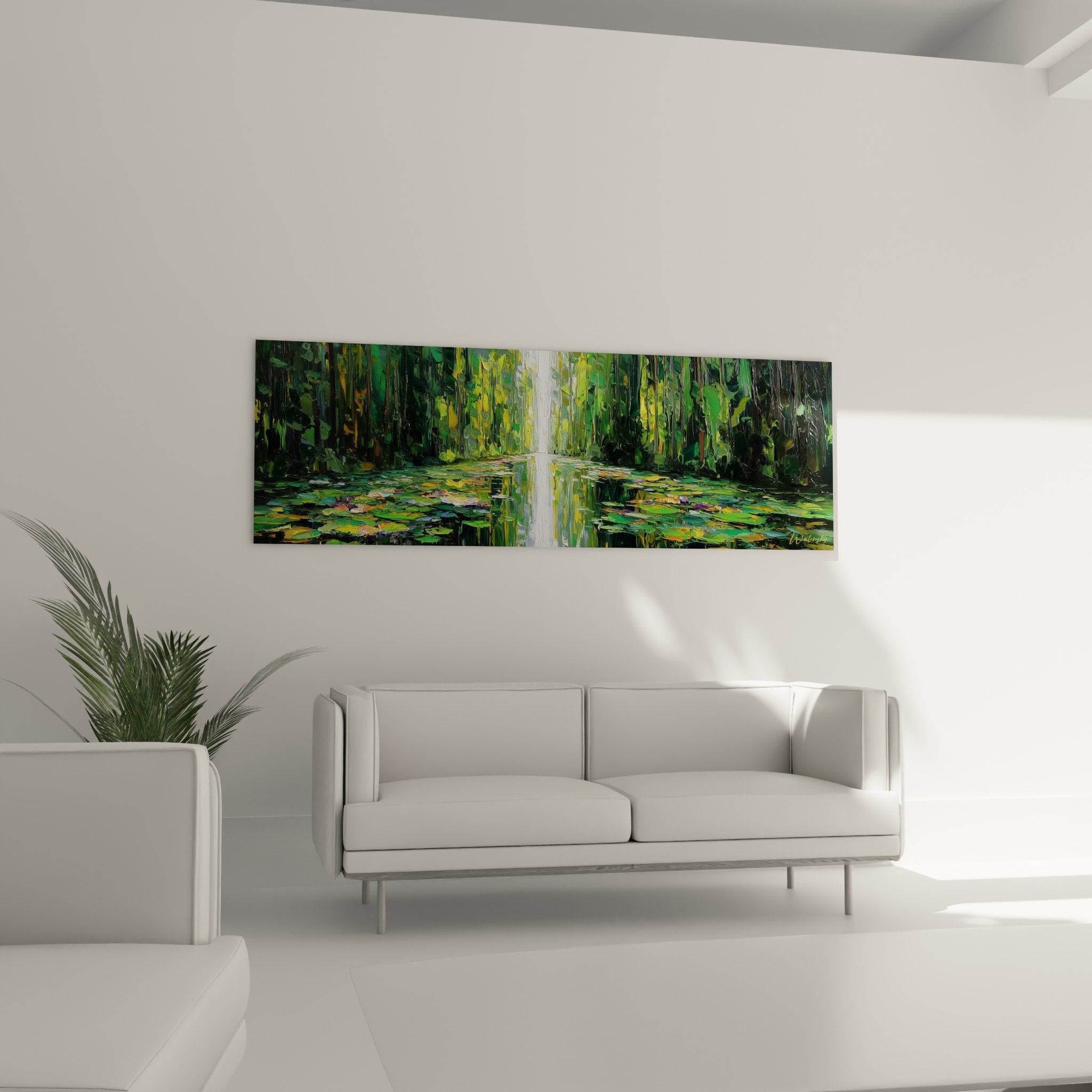 Detail cascade peinture verte empâtements texture vegetation luxuriante reflets dores eau cristalline art