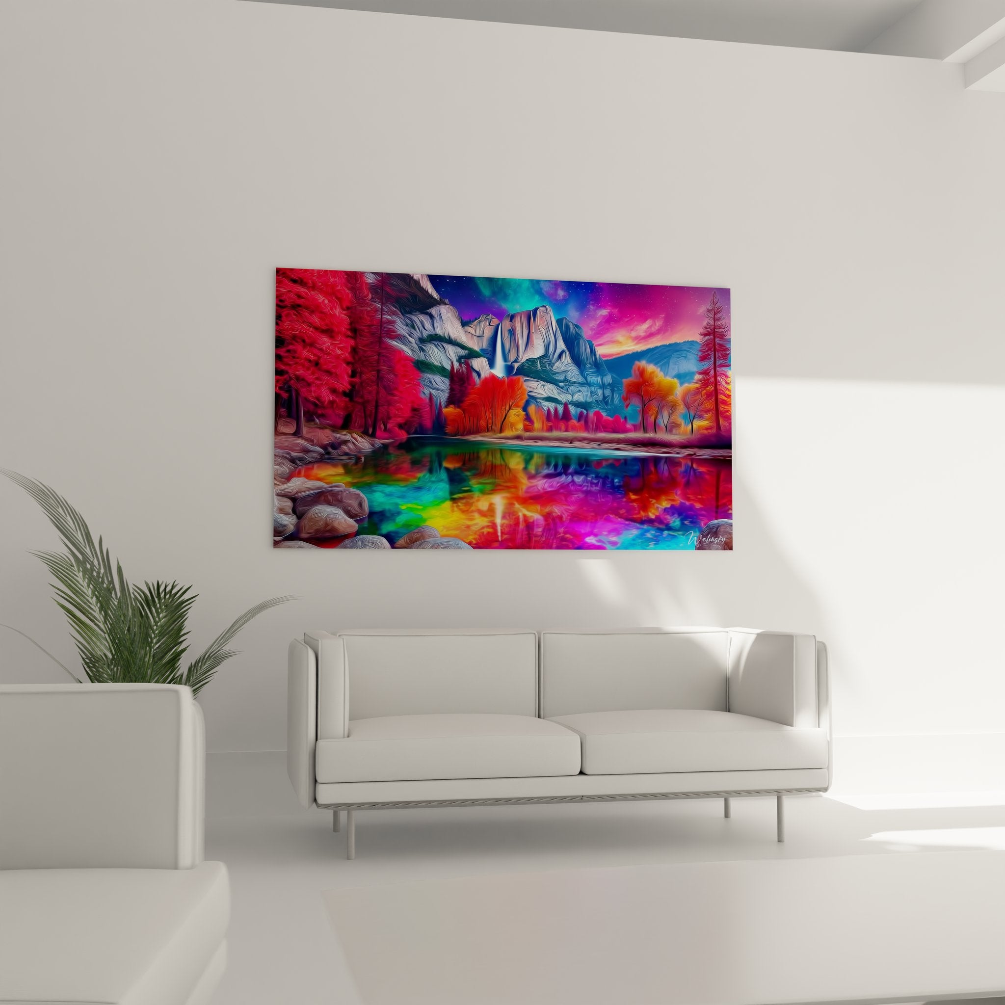 Détail rapproché du tableau cascade montrant les reflets psychédéliques et textures colorées
