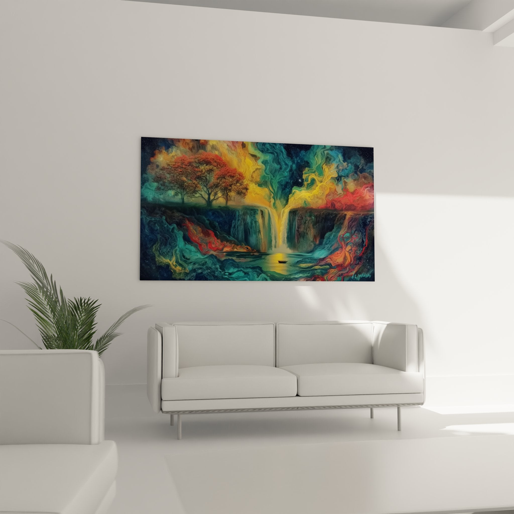 Détail gros plan tableau cascade montrant textures fluides et couleurs cosmiques mélangées