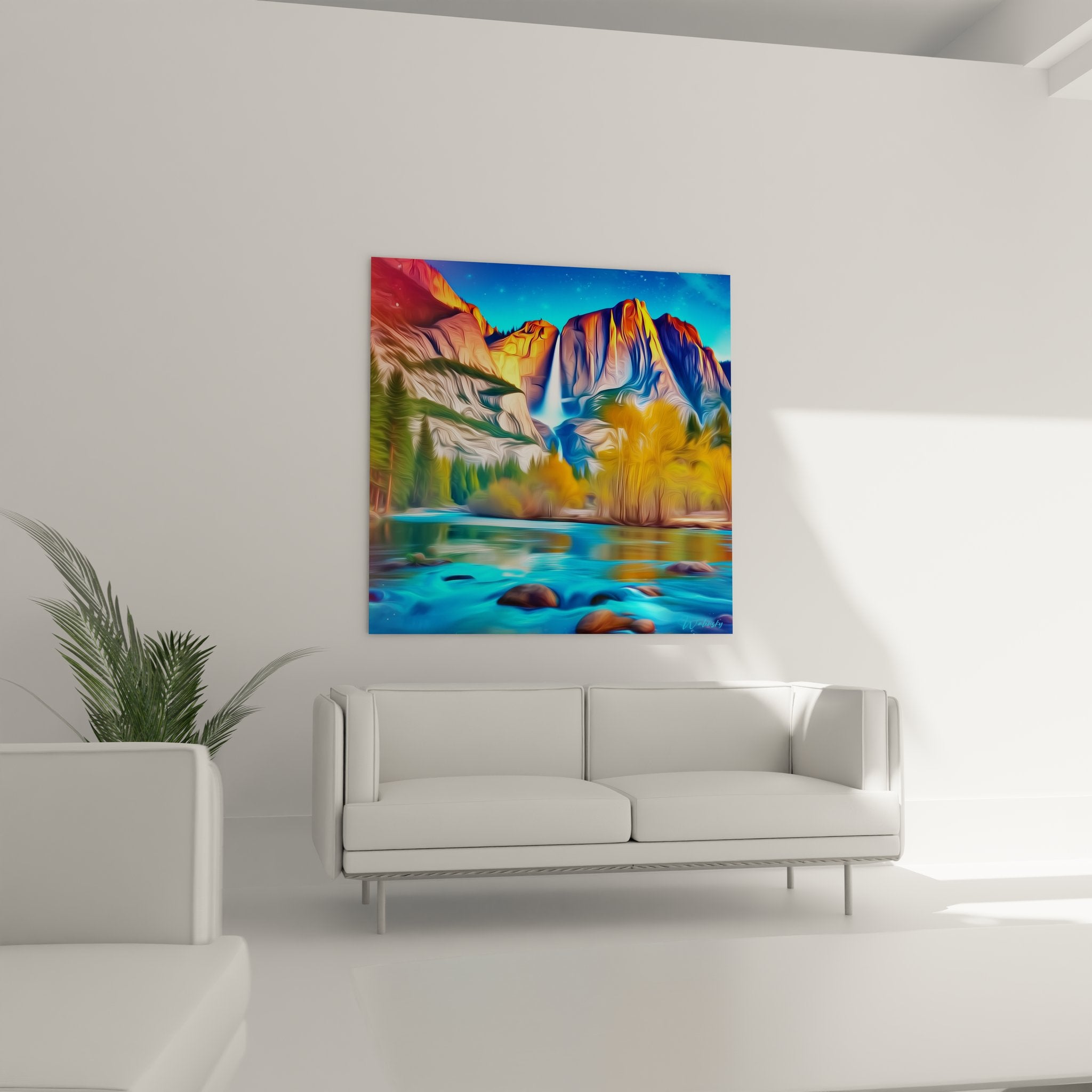 Détail cascade stylisée tableau montagne technique artistique fluide couleurs contrastées