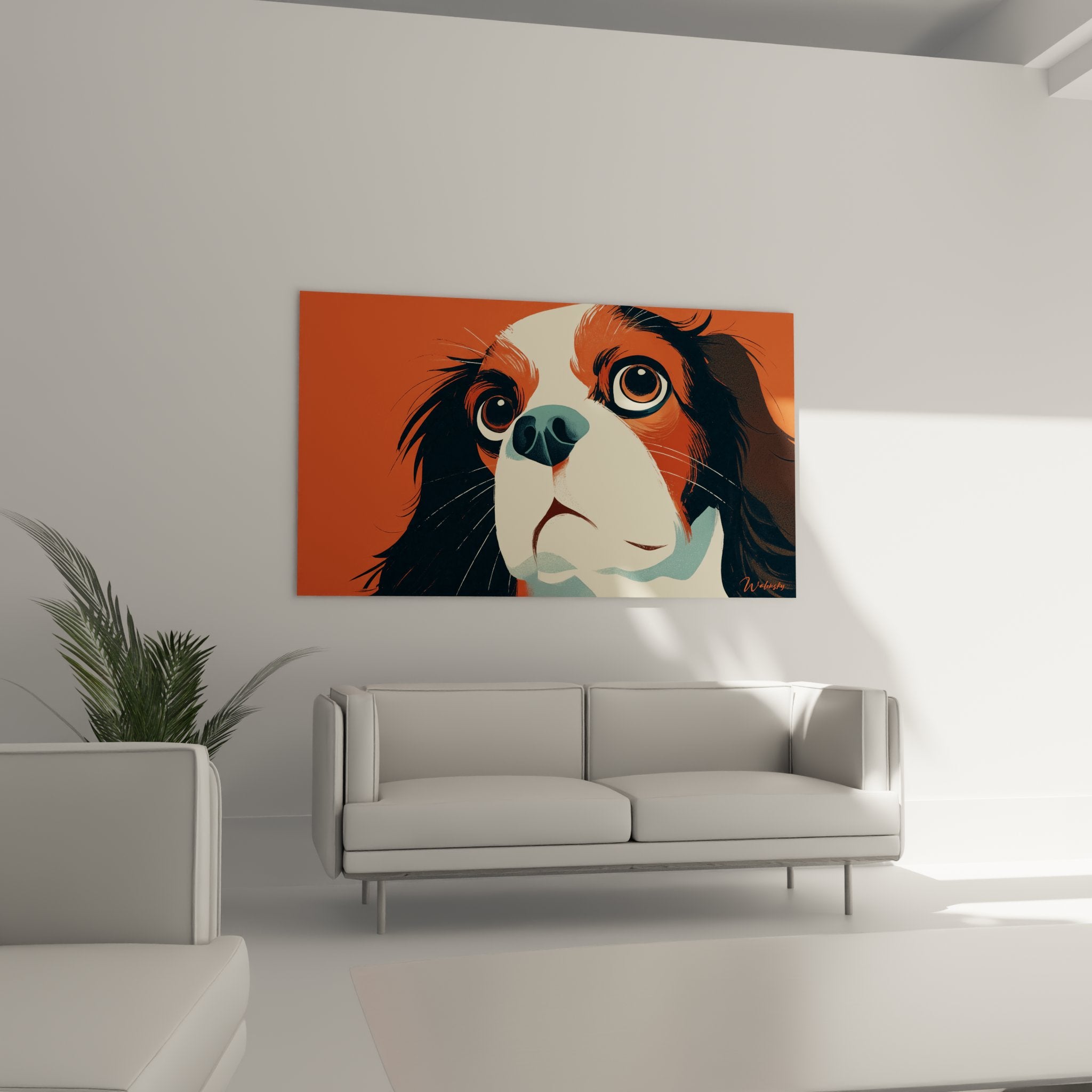 Nahaufnahme des Cavalier King Charles Gemäldes mit Textur des Fells und ausdrucksstarkem Blick