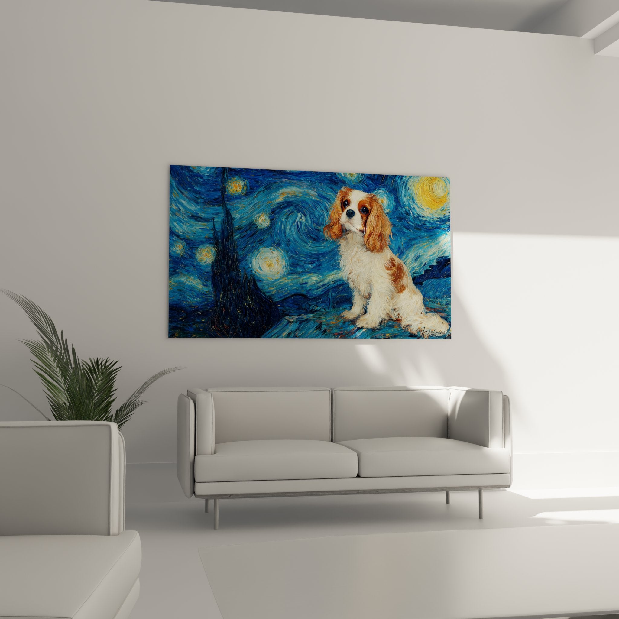 Detail cavalier king charles tableau pelage roux blanc yeux tendres tourbillons bleus artistiques