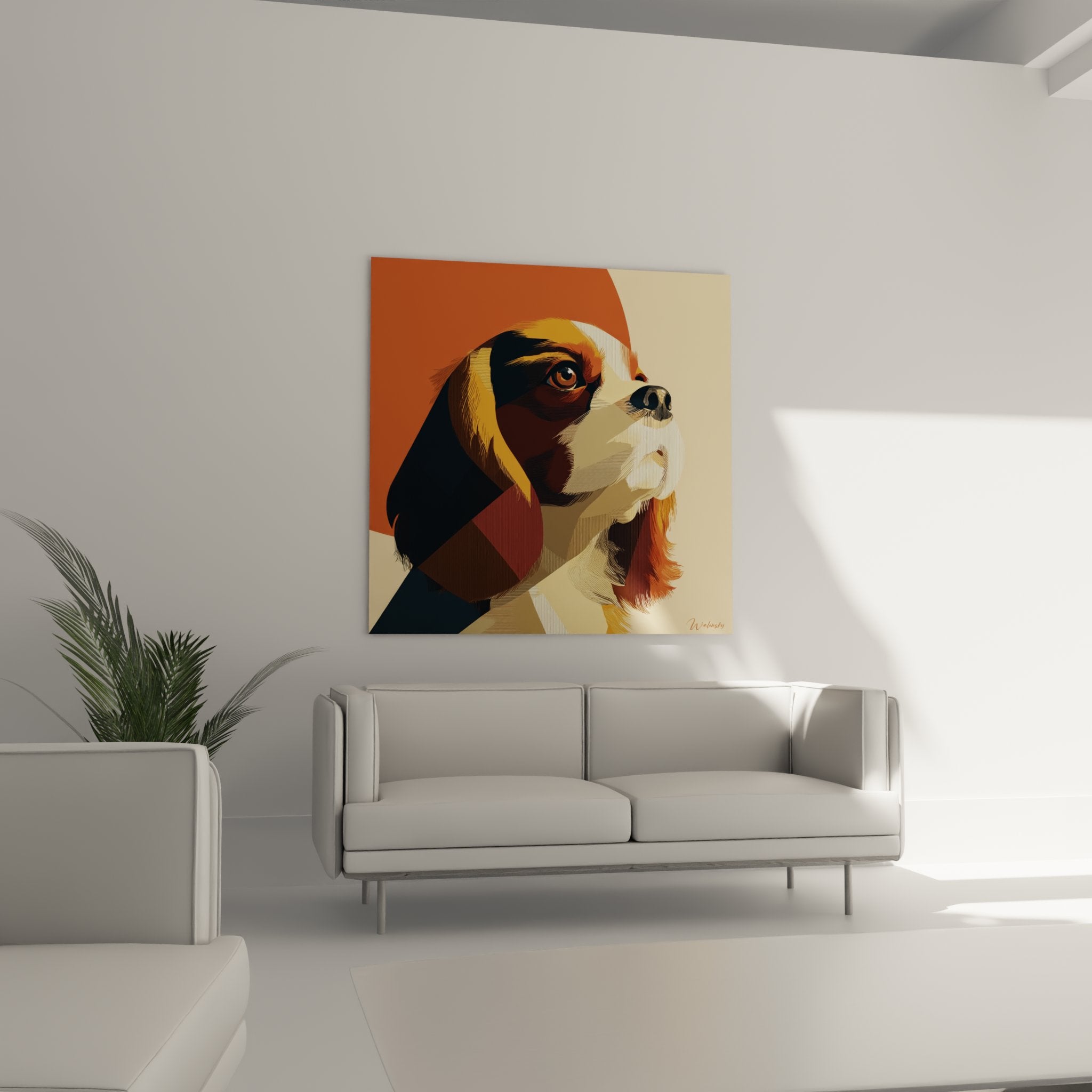 Detail portrait cavalier king charles oeil expressif pelage tricolore art geometrique